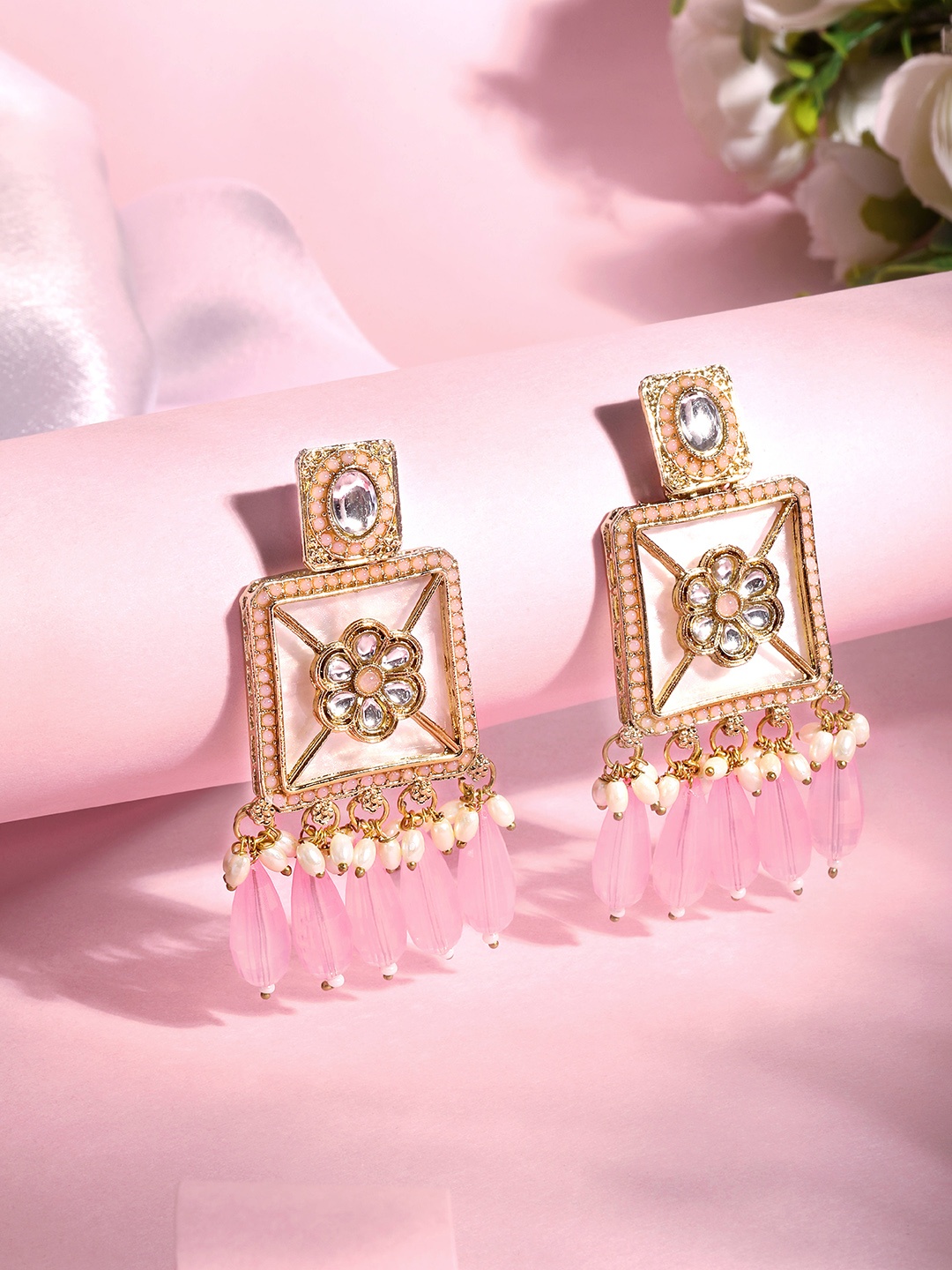 

ASMITTA JEWELLERY 18K Gold-Plated Stone Studded Square Drop Earrings