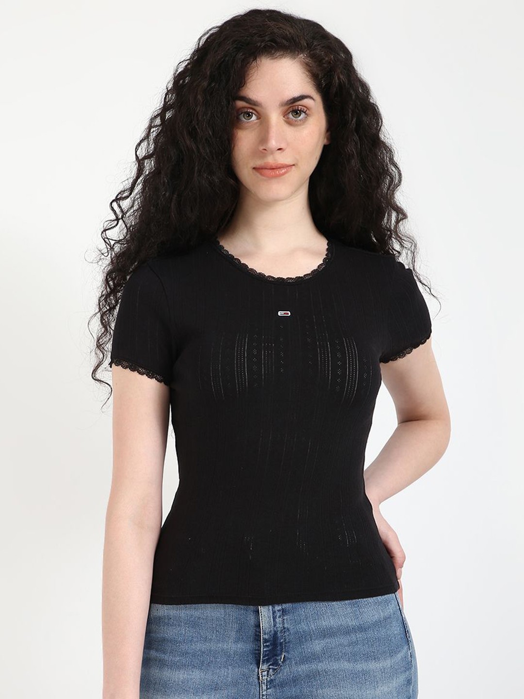 

Tommy Hilfiger Women Self Design Round Neck Cotton Slim Fit T-shirt, Black