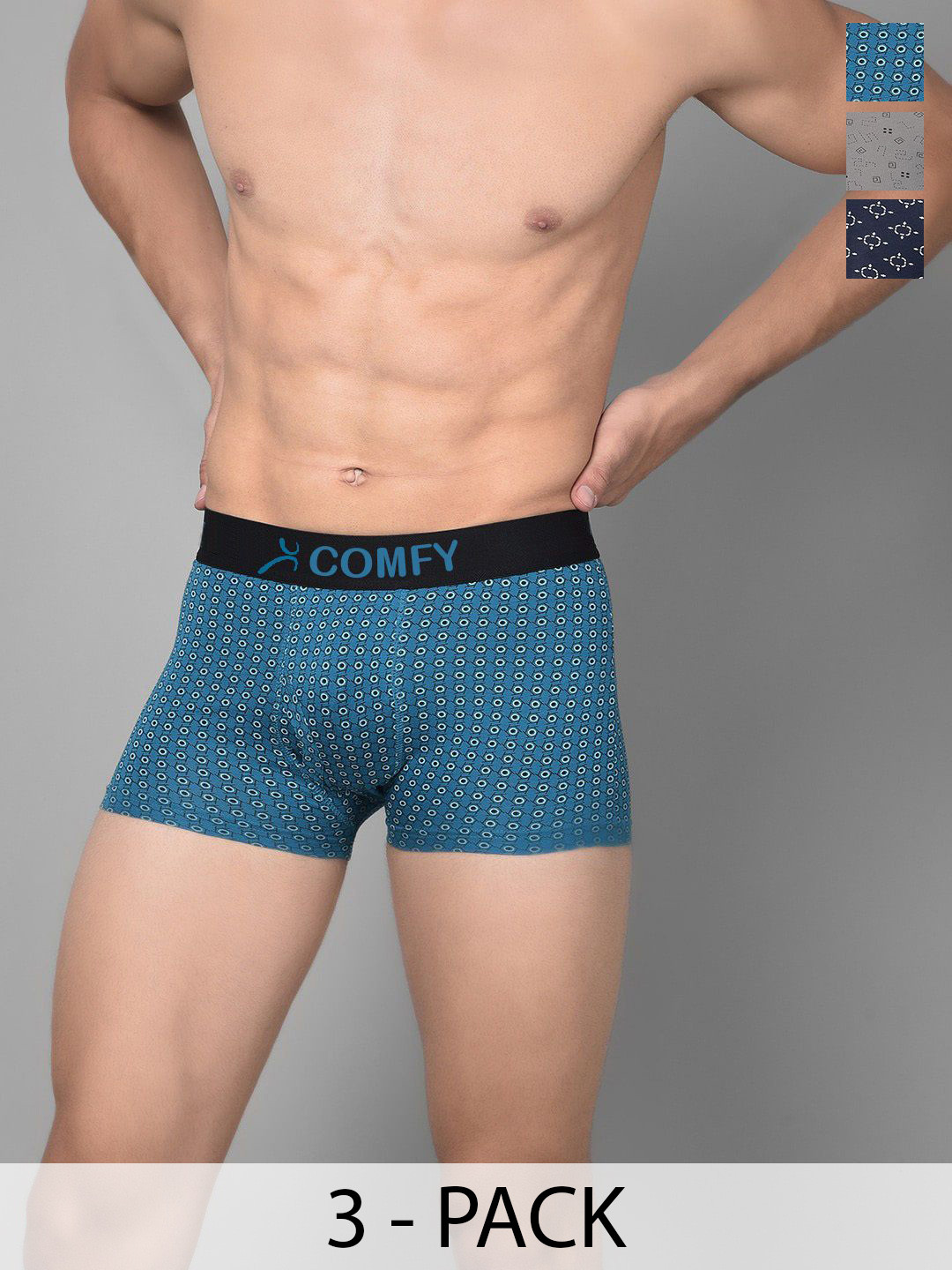 

AMUL COMFY Men Pack Of 3 Assorted Printed Pure Cotton Trunks - Comfy-Printed-Trunk-OE-3-90, Blue