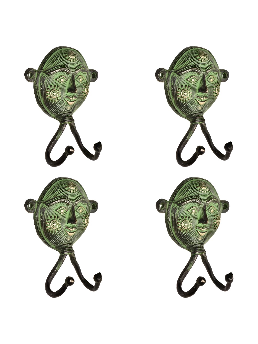 

IndianShelf Green & Grey 4 Pieces Textured Brass Wall Hooks