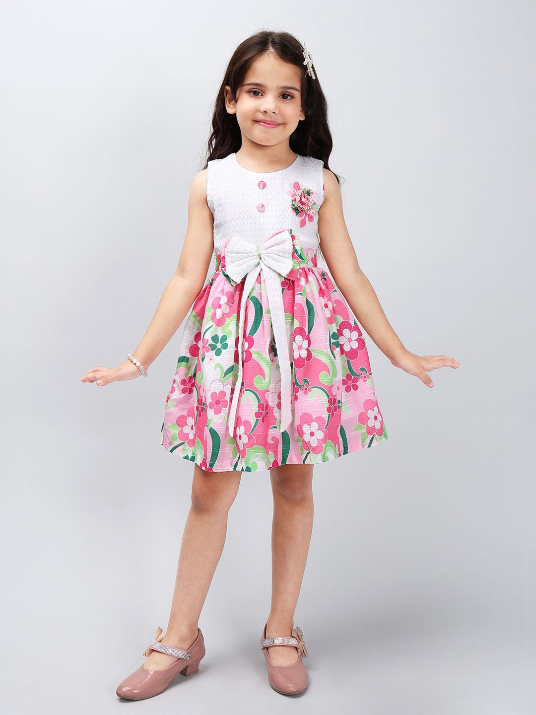 

PINK MERMAID Girls Floral Printed A-Line Cotton Dress With Bow Details