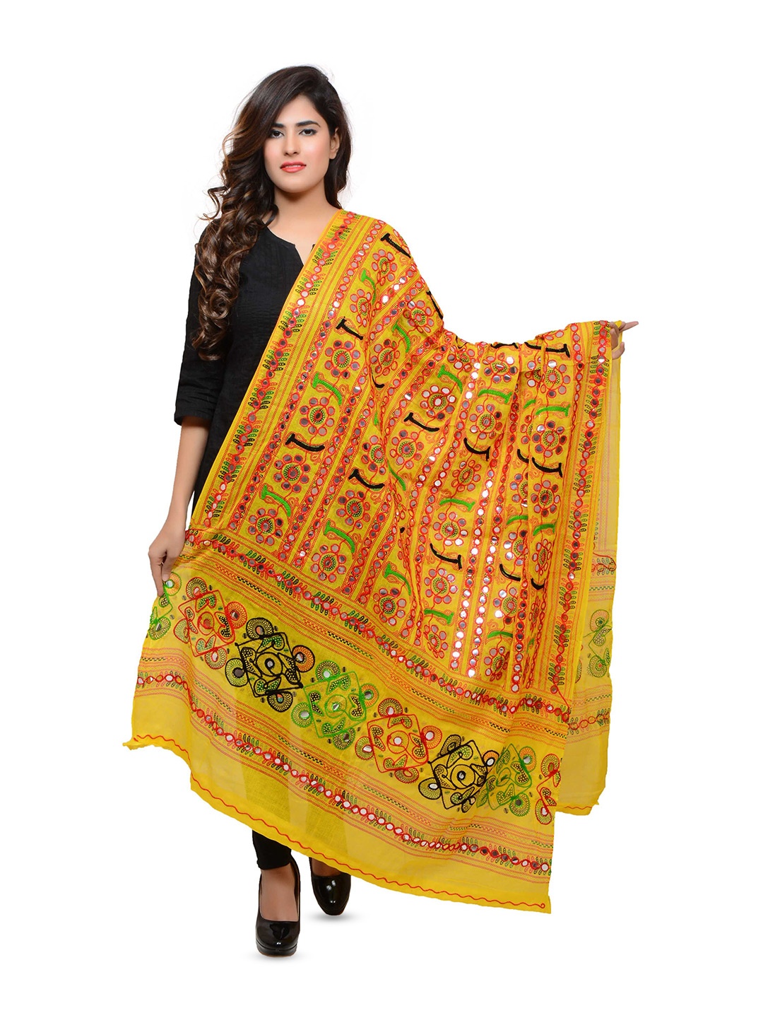 

BANJARA INDIA Embroidered Dupatta with Thread Work, Yellow