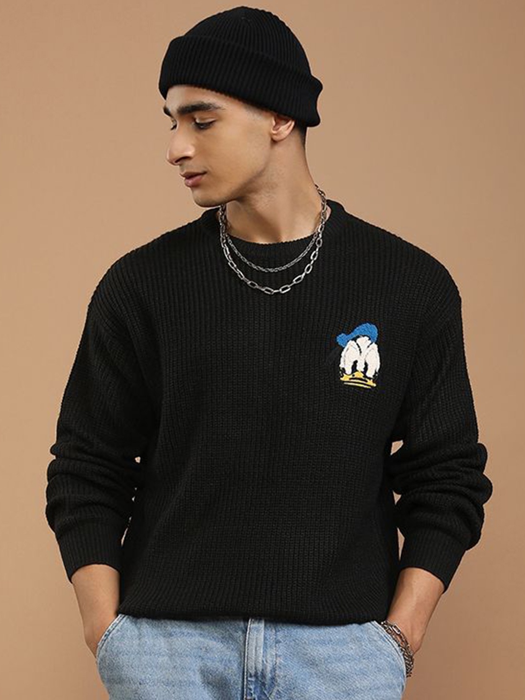 

HIGHLANDER Highlander Disney Donald Duck Men Ribbed Pullover, Black