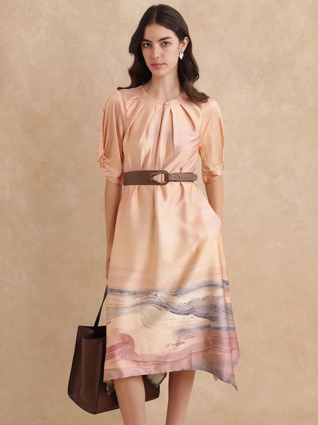 

RAREISM Women Cotton Printed A-Line Midi Dress, Peach