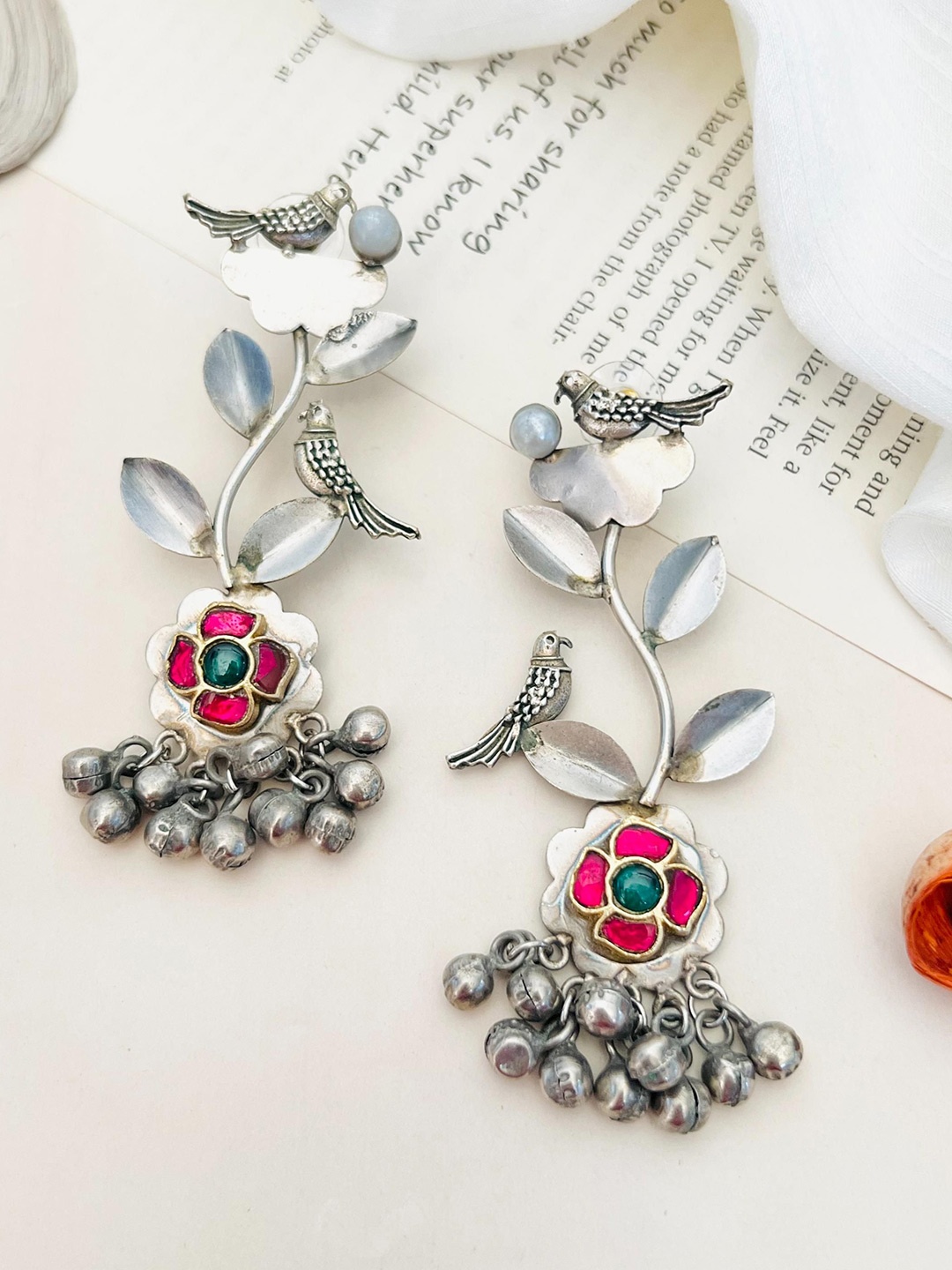 

ABDESIGNS German Silver-Plated Stone Studded Floral Drop Earrings