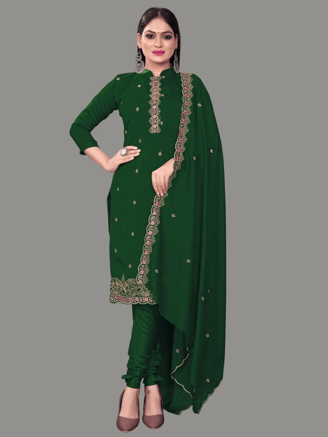 

Aika Ethnic Motifs Embroidered Sequinned Pure Silk Unstitched Dress Material, Green