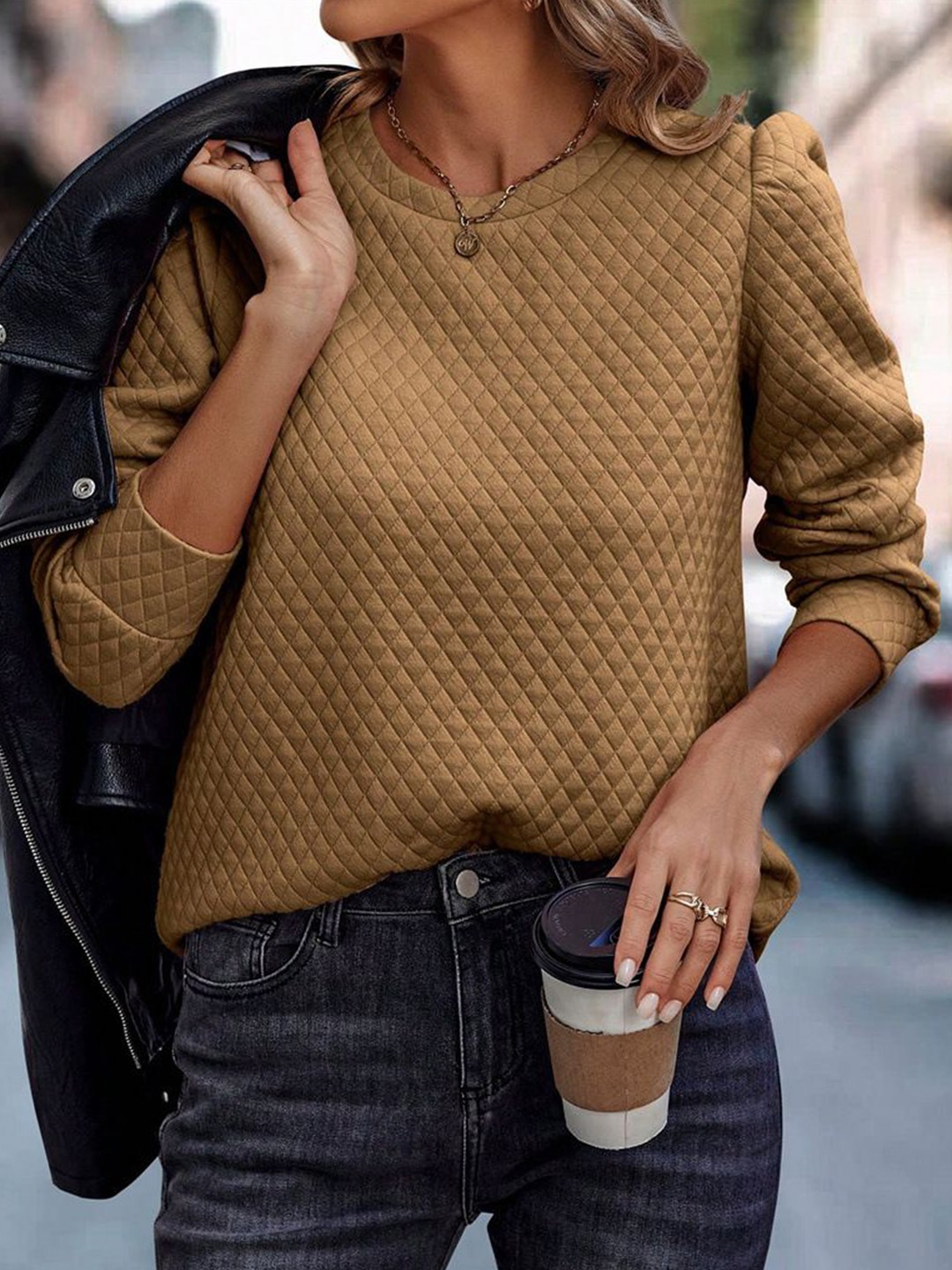 

StyleCast Women Self Design Cuffed Sleeves Winter Wear Top, Brown