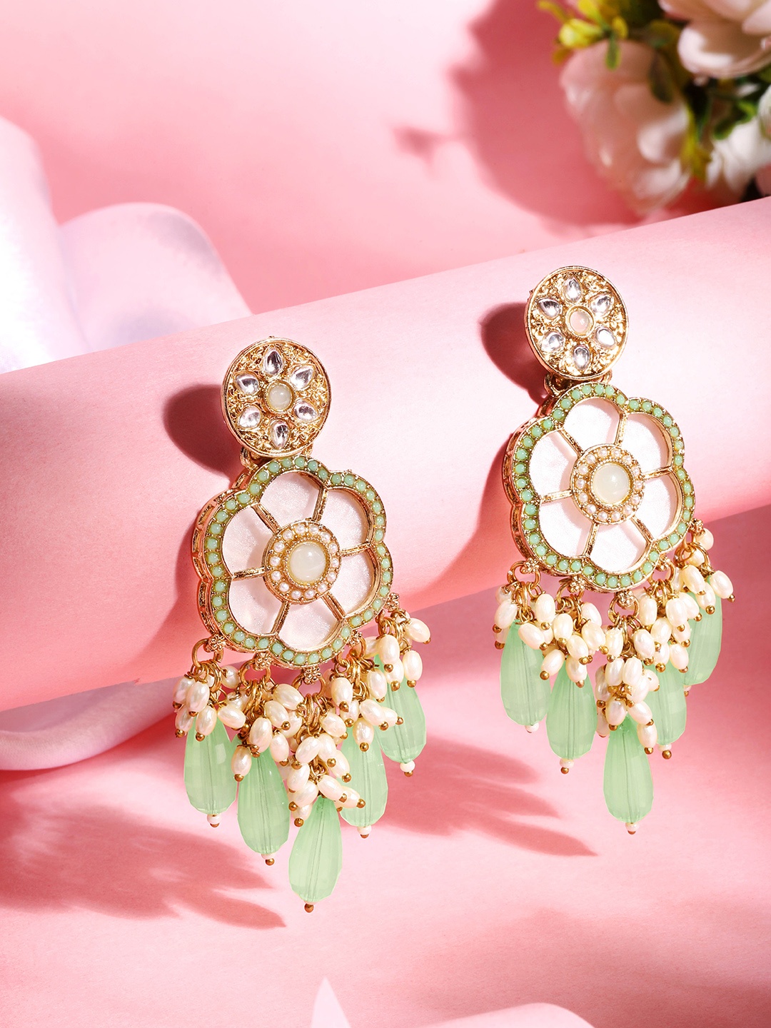 

ASMITTA JEWELLERY 18K Gold-Plated Stone Studded Floral Drop Earrings