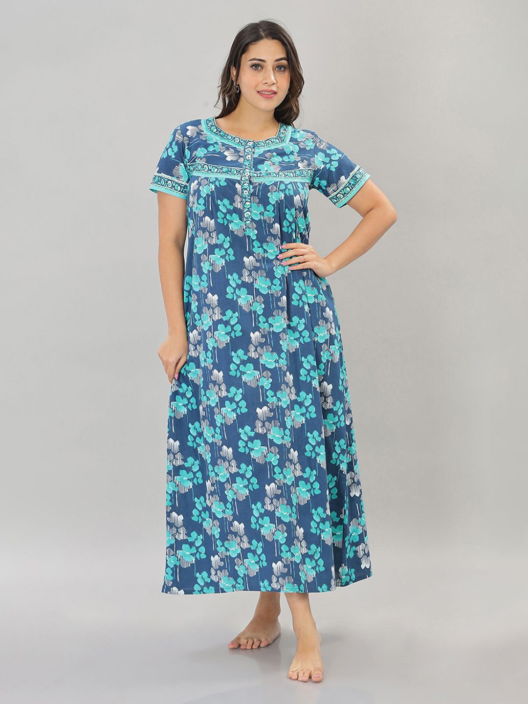 

NAIDU HALL Women Printed Maxi Nightdress, Blue