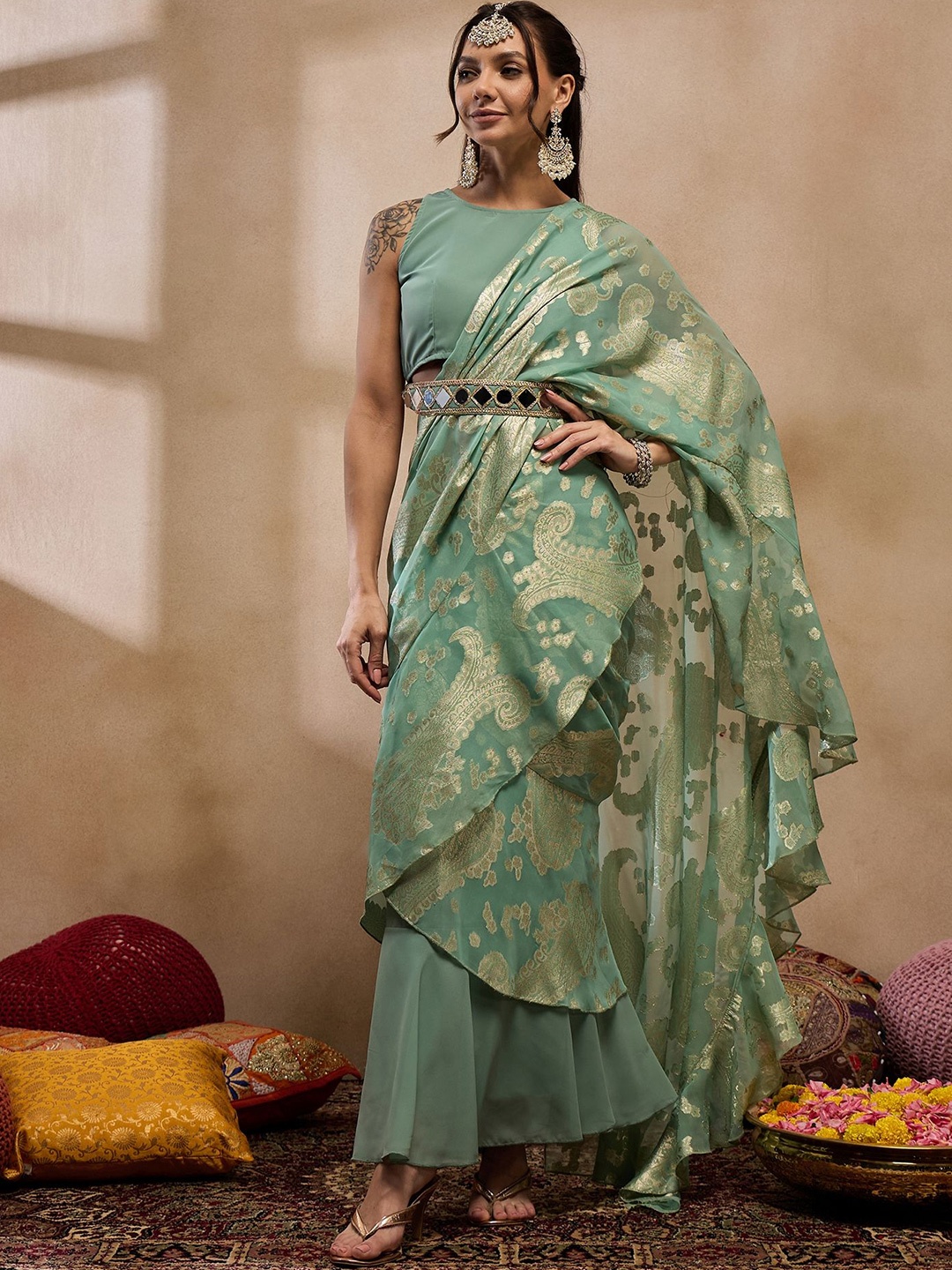 

MABISH by Sonal Jain Ethnic Motifs Woven design Ready to Wear Saree With Blouse, Sea green
