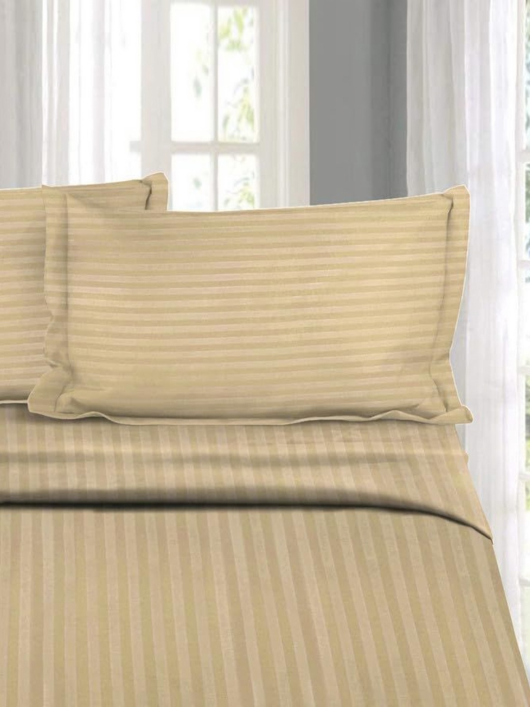 

MARK HOME Beige Striped Cotton 210 TC Single Bedsheet with 1 Pillow Cover2.28 m x 1.37 m