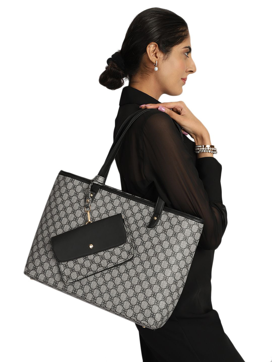 

MINI WESST Women Floral Printed Structured Shoulder Bag With Pouch, Grey