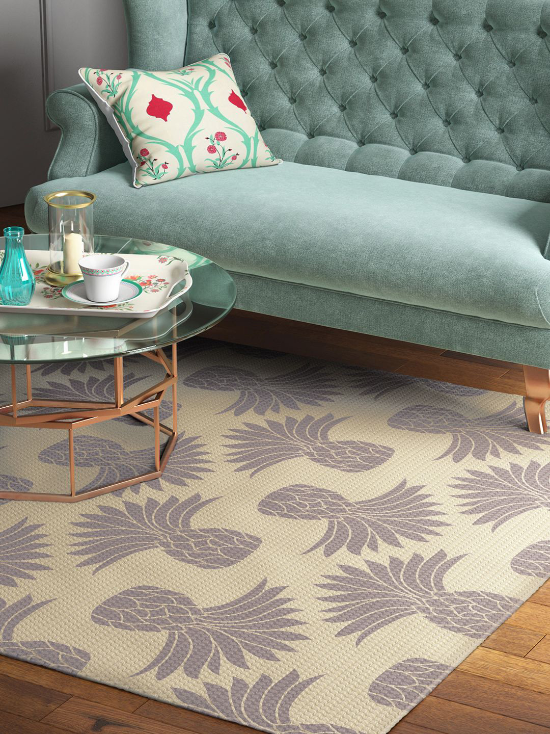 

India Circus by Krsnaa Mehta Cream-Coloured Pineapple Printed Carpet