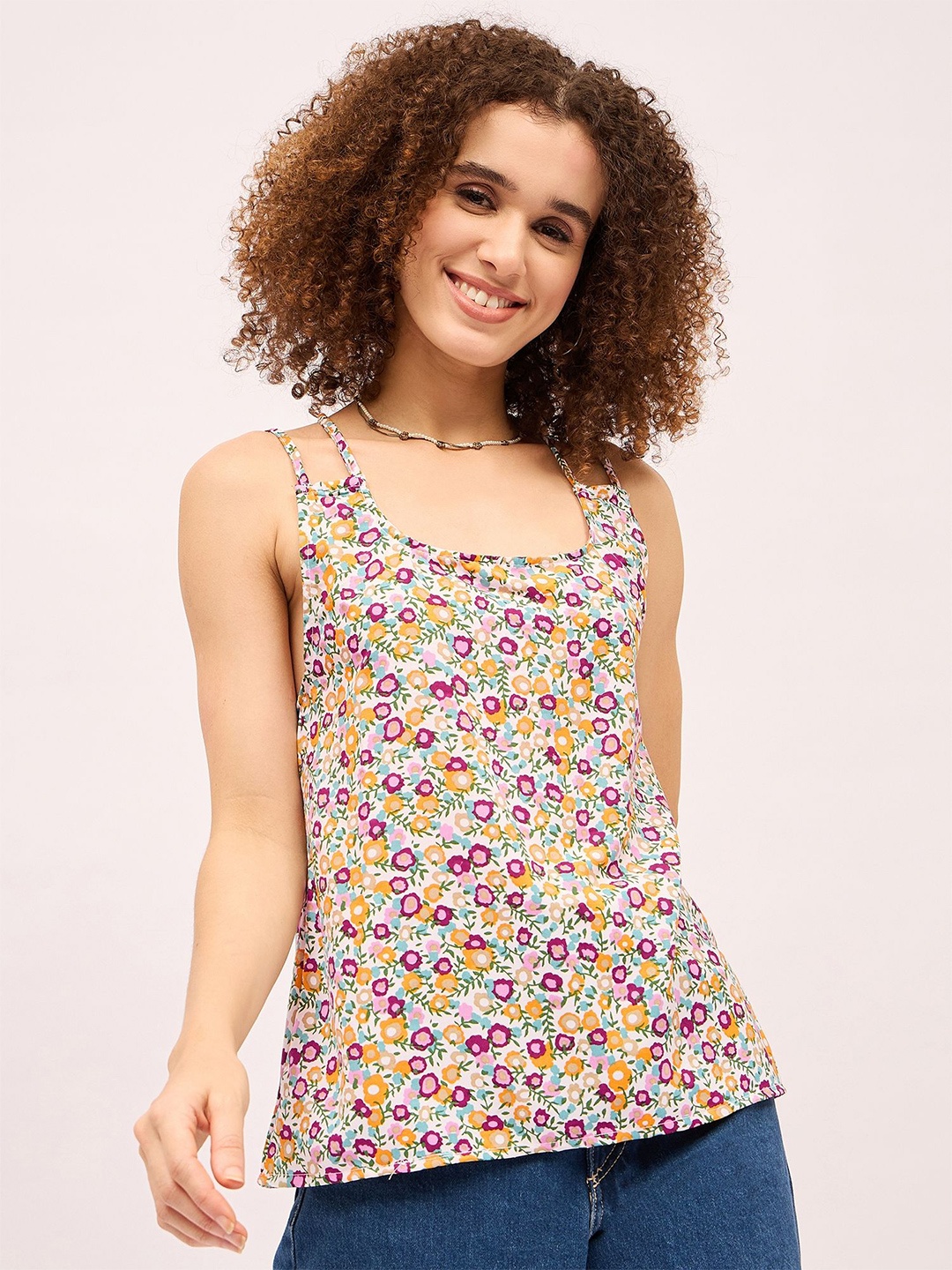 

Mayra Women Cotton Floral Printed Shoulder Straps Styled Back Top, White