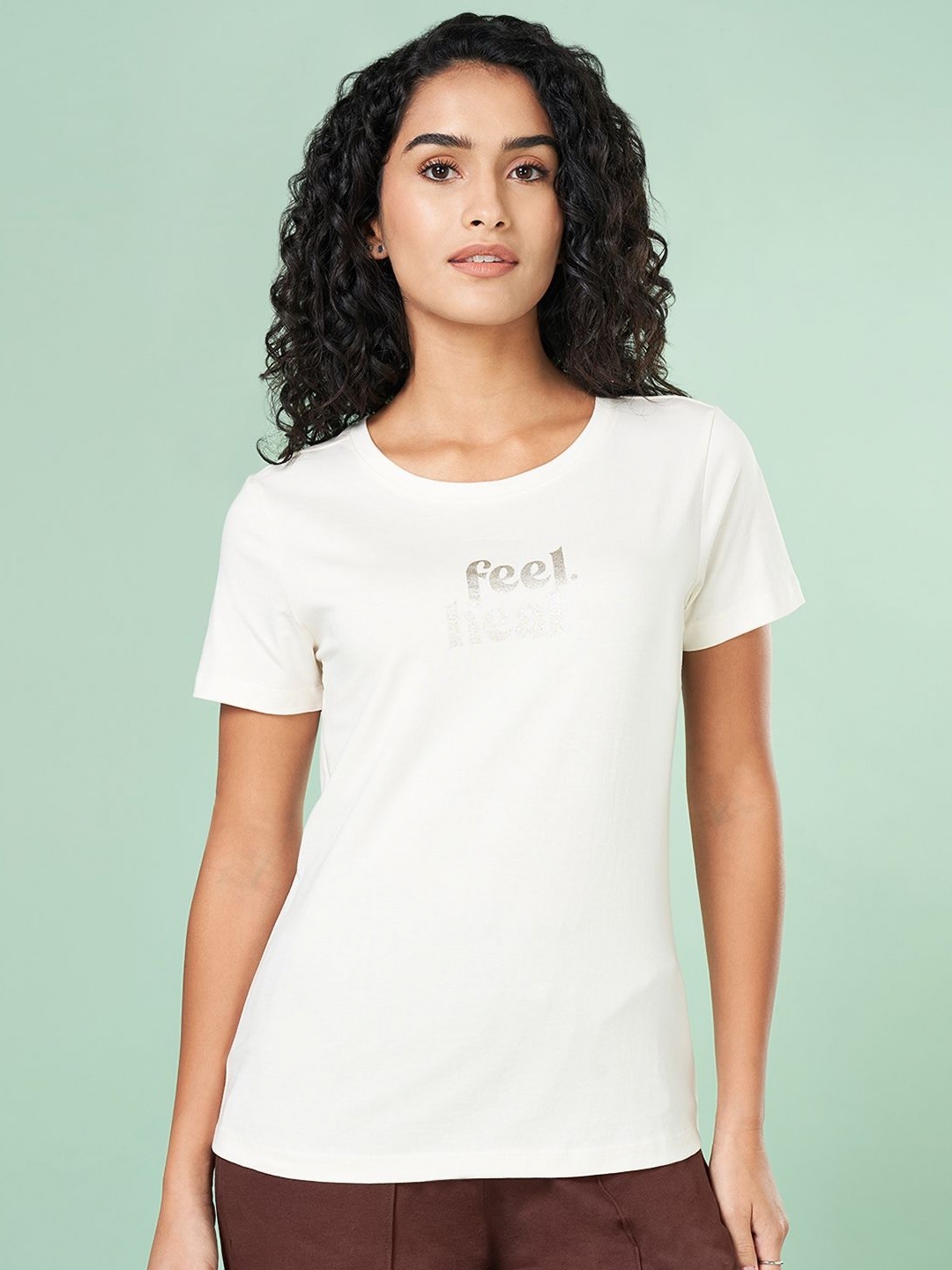 

Ajile by Pantaloons Women Typography Printed Round Neck Cotton T-shirt, Off white