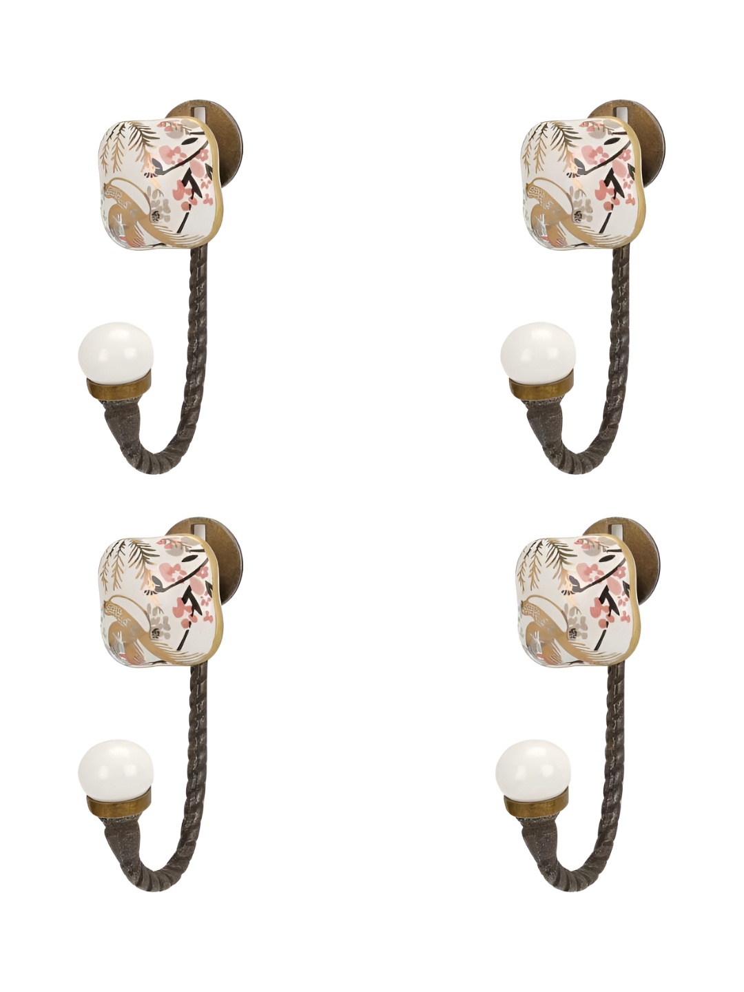 

IndianShelf White & Cream Colored 4 Pieces Floral Printed Ceramic Wall Hooks