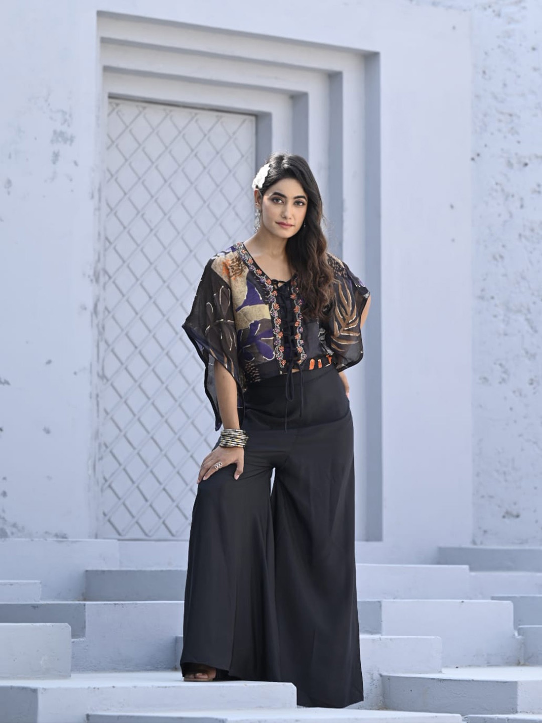 

LUGAI Printed Short Sleeves Top & Palazzos Co- Ords, Black