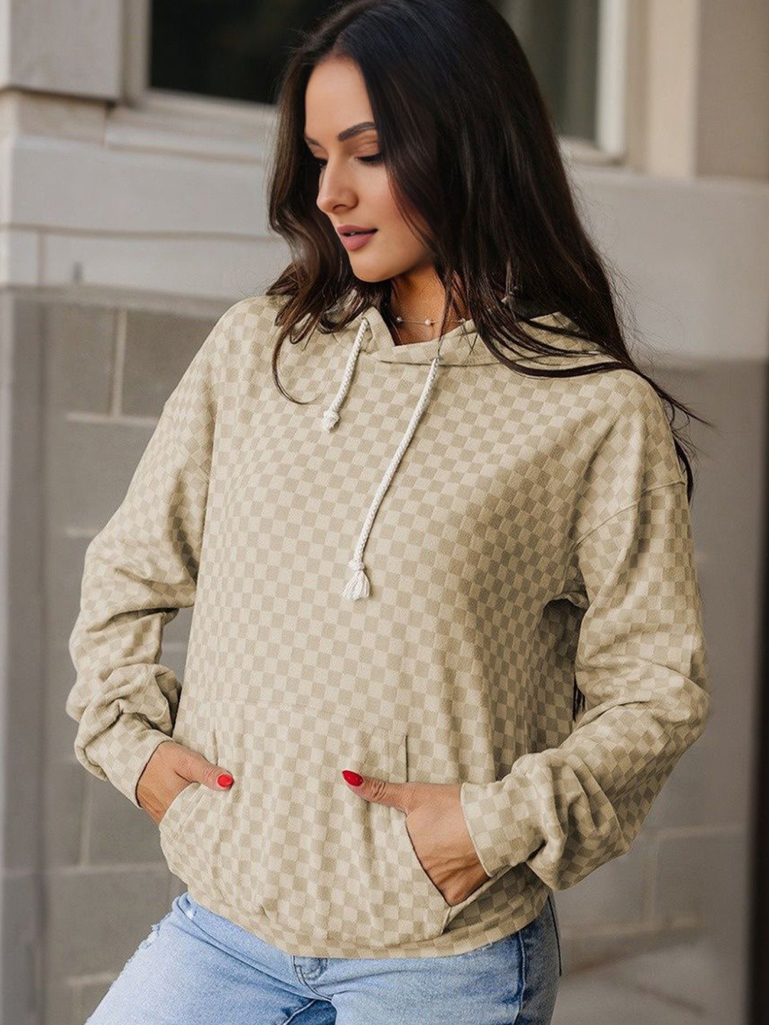 

StyleCast Women Checked Hooded Sweatshirt, Khaki