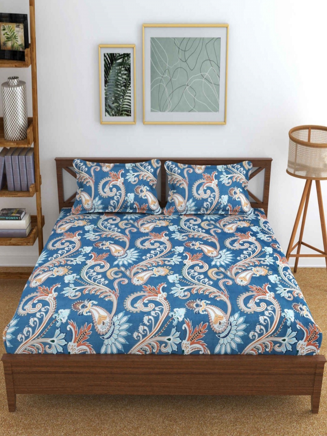 

YaAkholic Blue & Brown Paisley 210 TC King Fitted Bedsheet Set- 1.9 M x 1.8 M