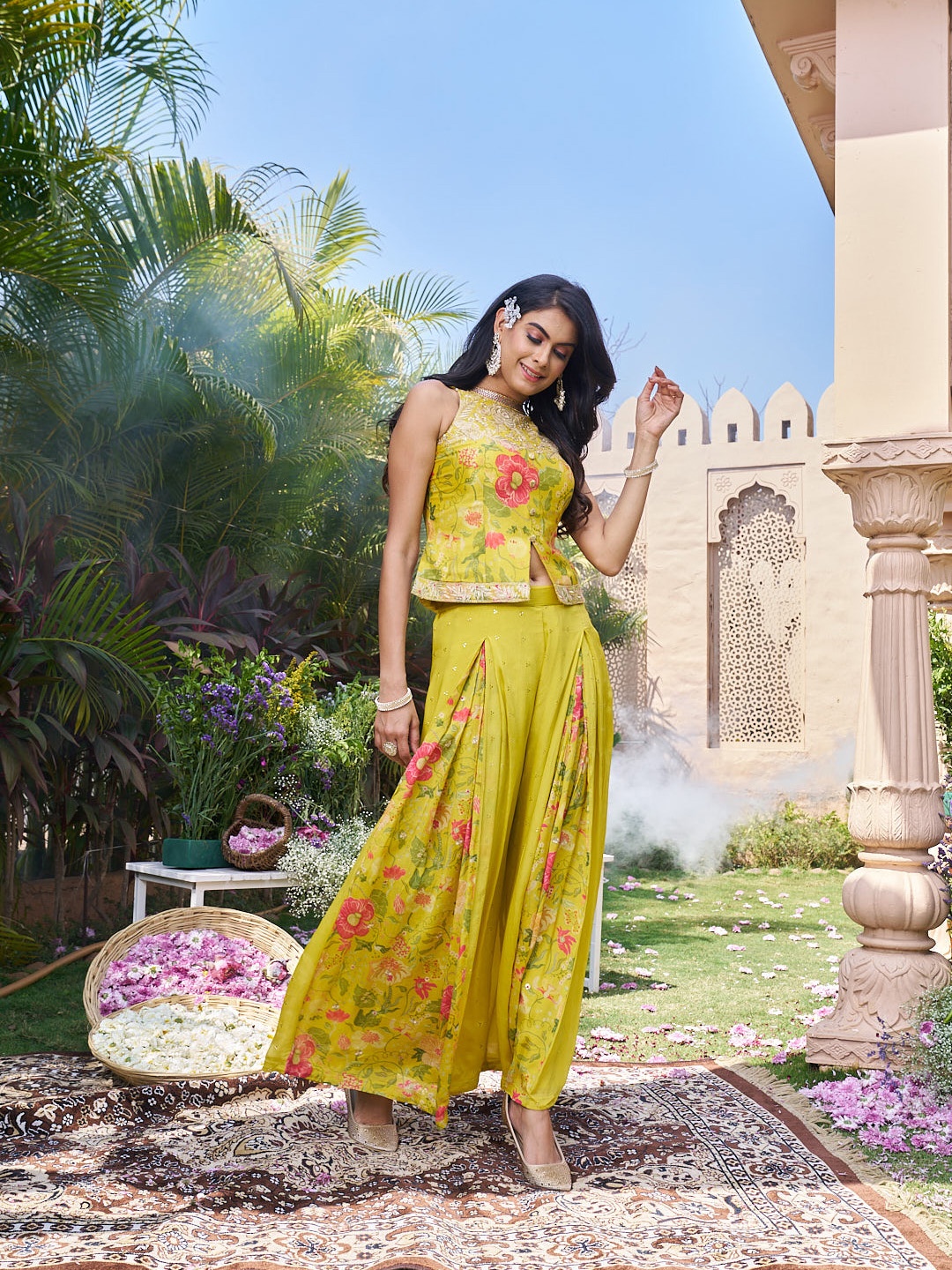 

LUGAI Embroidered Sleeveless Top & Palazzos Co-Ords, Yellow