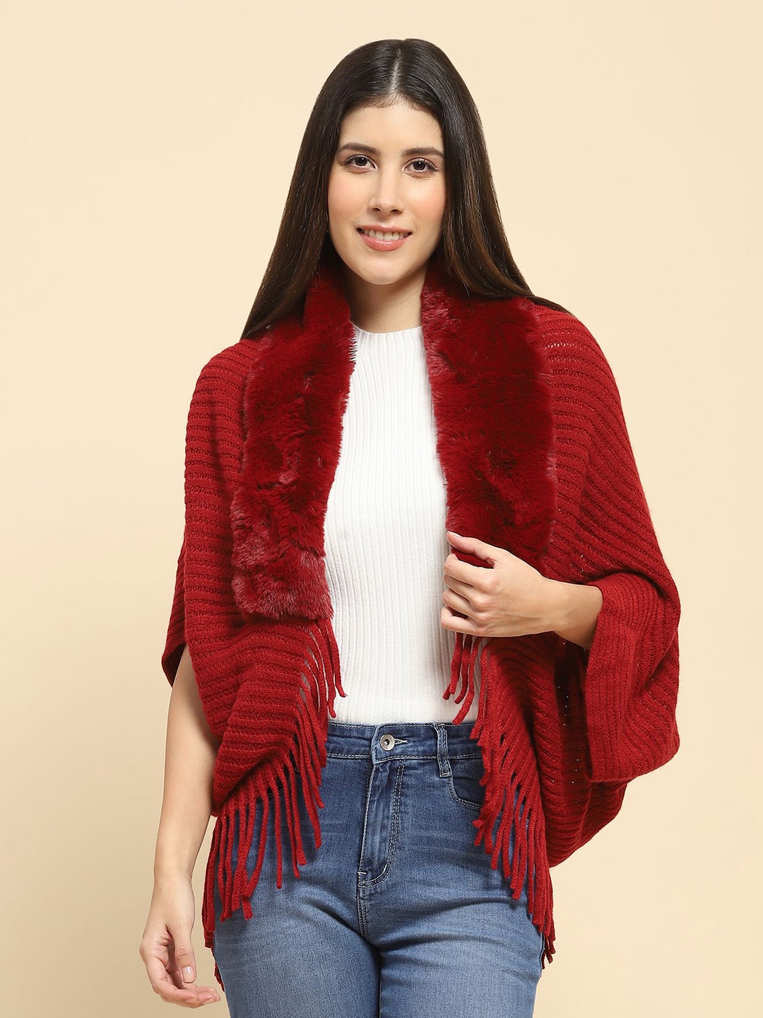 

Global Republic Acrylic Tasselled Shrug, Maroon