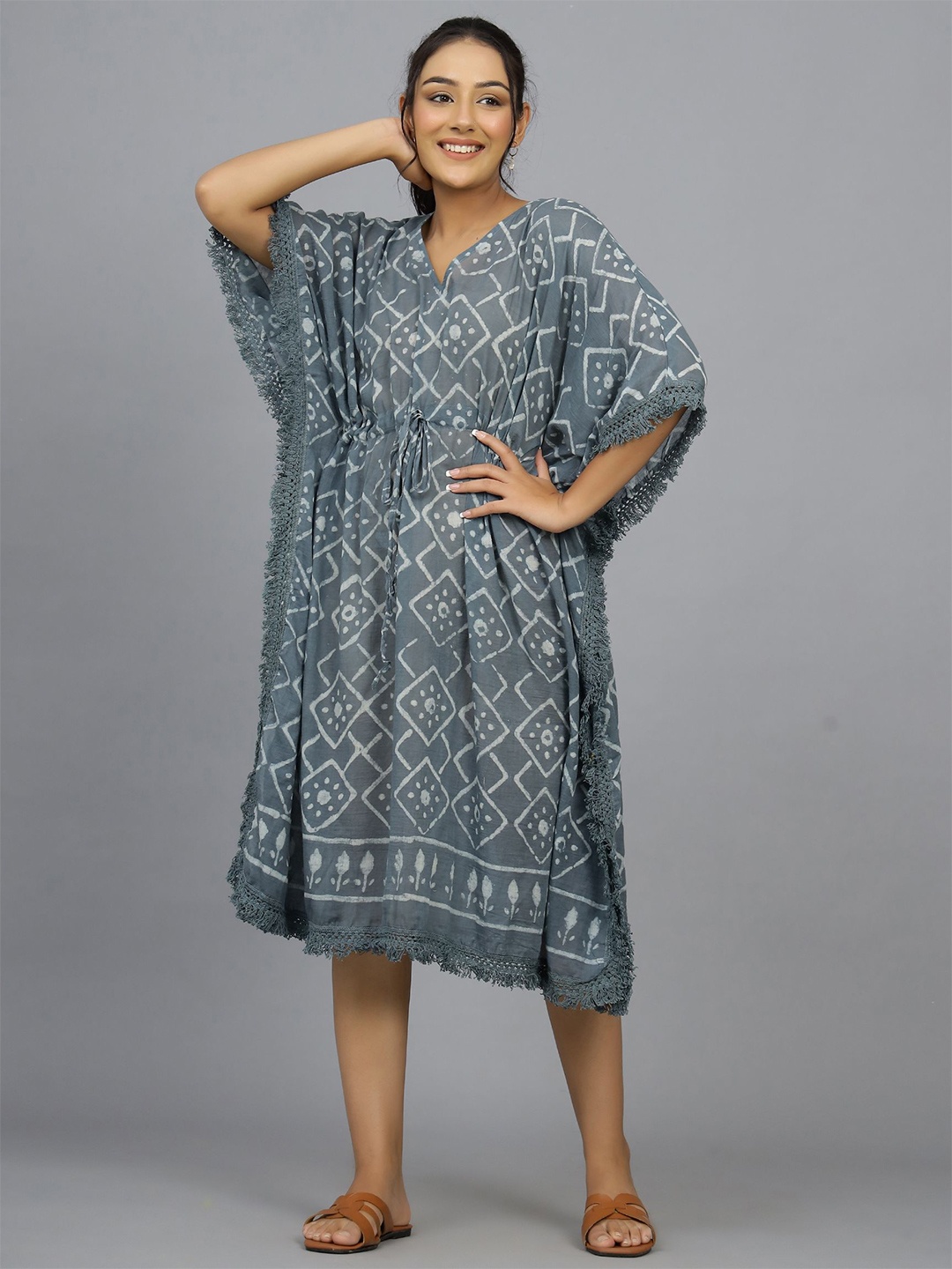 

HANDICRAFT PALACE Women Printed Pure Cotton Midi Kaftan Nightdress, Grey