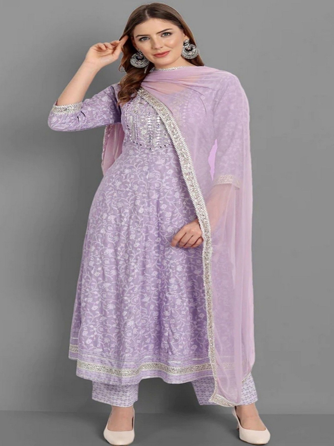 

KALINI Floral Printed Regular Mirror Work Anarkali Kurta with Trousers & Dupatta, Lavender