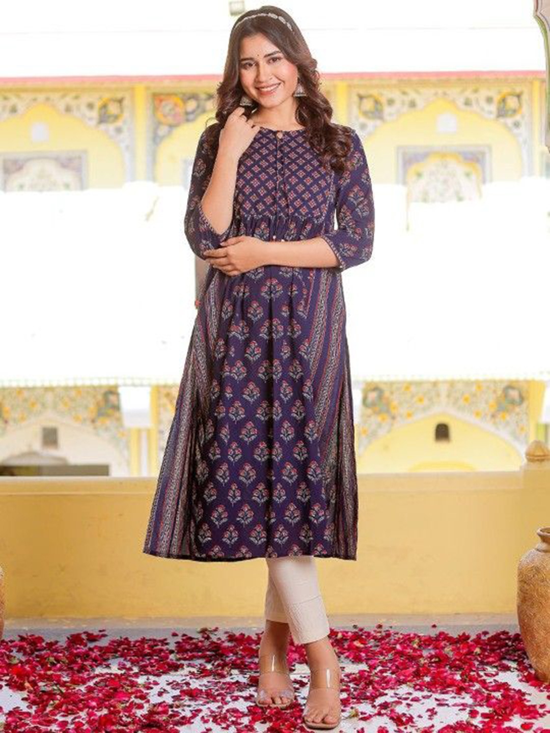 

Chandbaali Floral Printed Tie-Up Neck Cotton A-Line Kurta, Blue