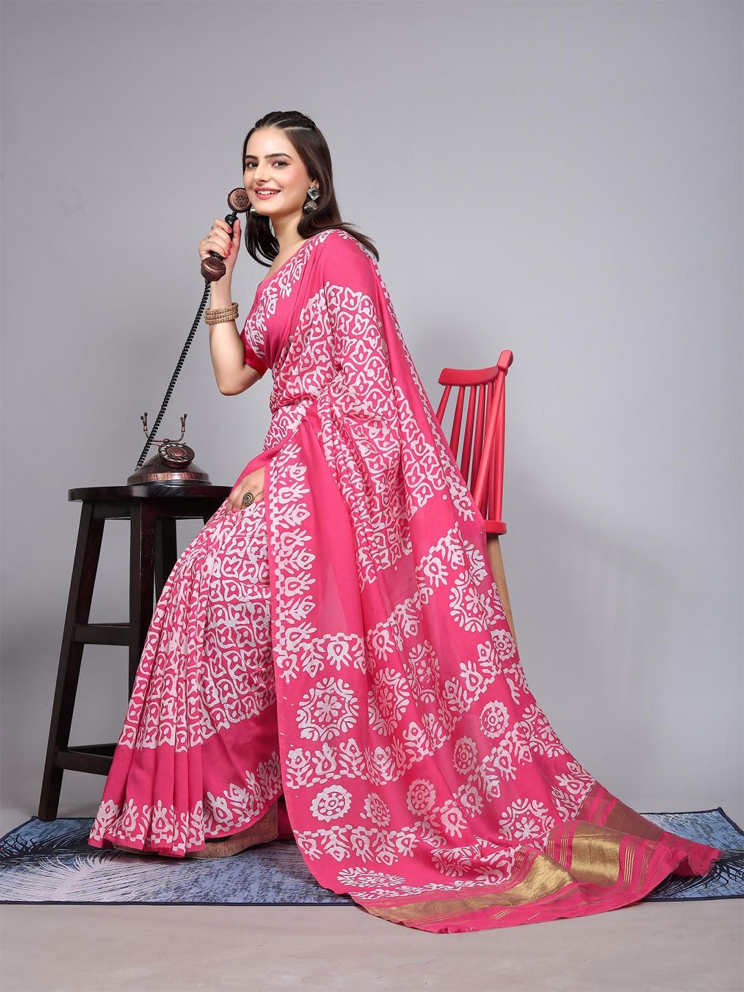 

Kalista Batik Printed Chanderi Saree, Pink