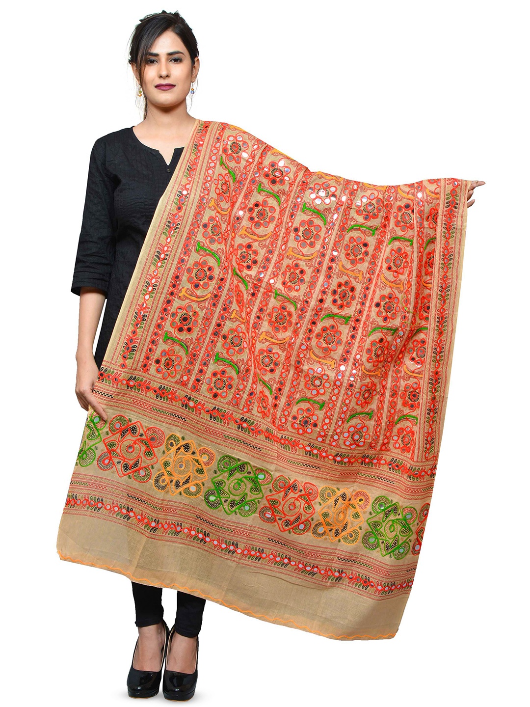 

BANJARA INDIA Embroidered Dupatta with Thread Work, Beige