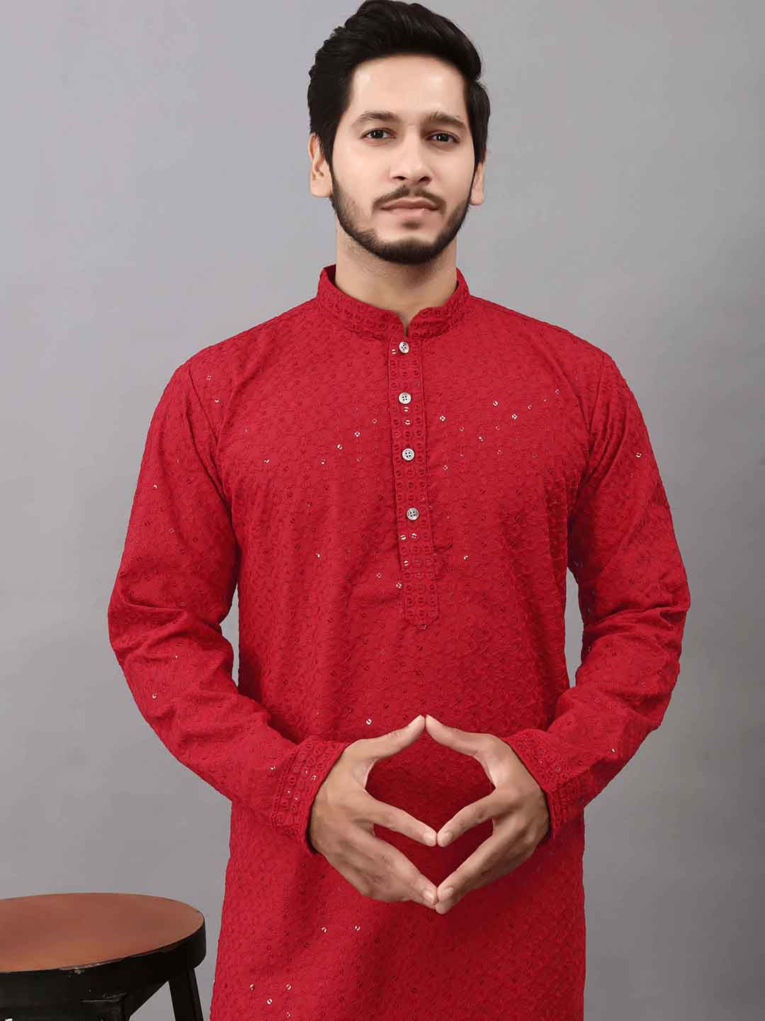 

ALMORA Floral Embroidered Mandarin Collar Sequinned Pure Cotton Straight Kurta With Pyjama, Maroon