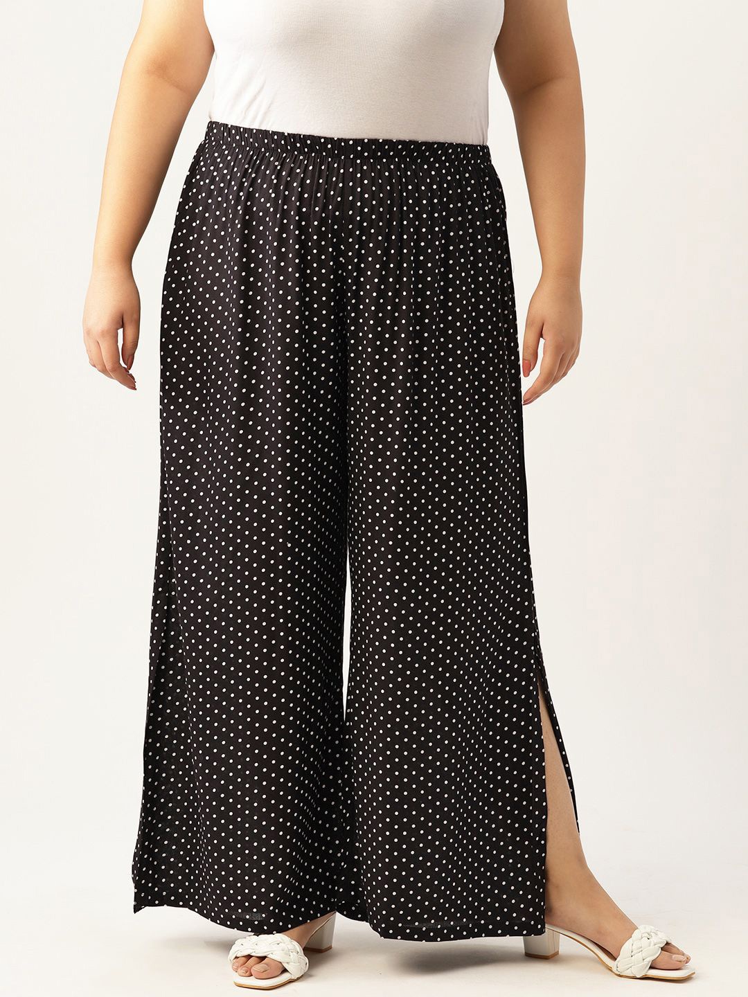 

theRebelinme Women Plus Size Polka Dot Printed Palazzos, Black