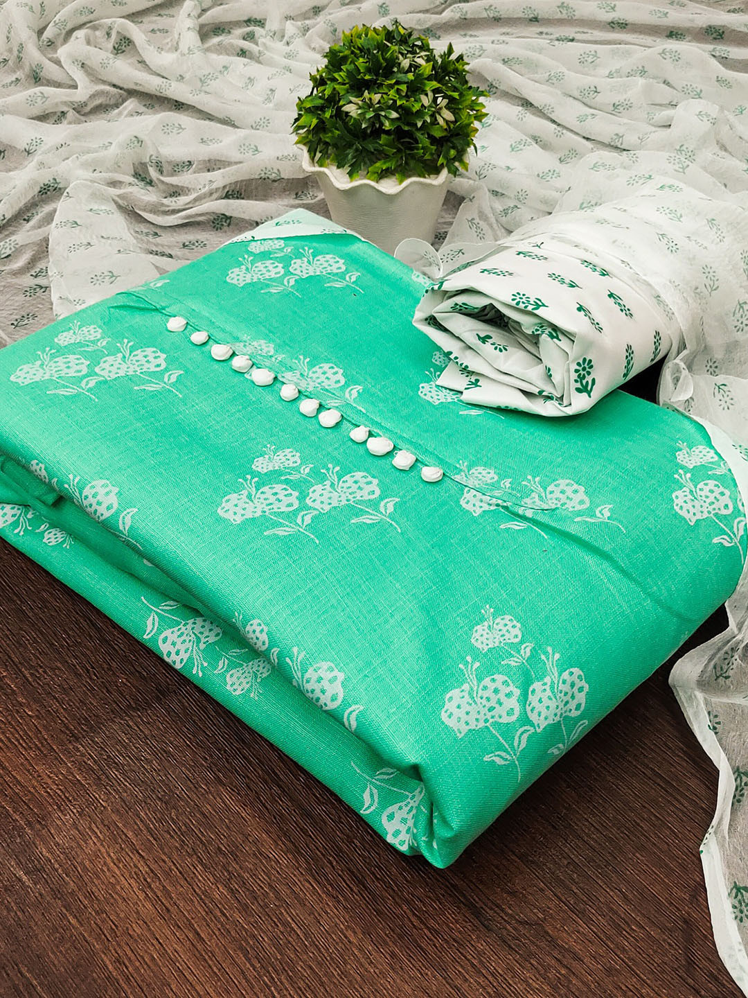 

LADY SHOPI Floral Printed Unstitched Dress Material, Turquoise blue