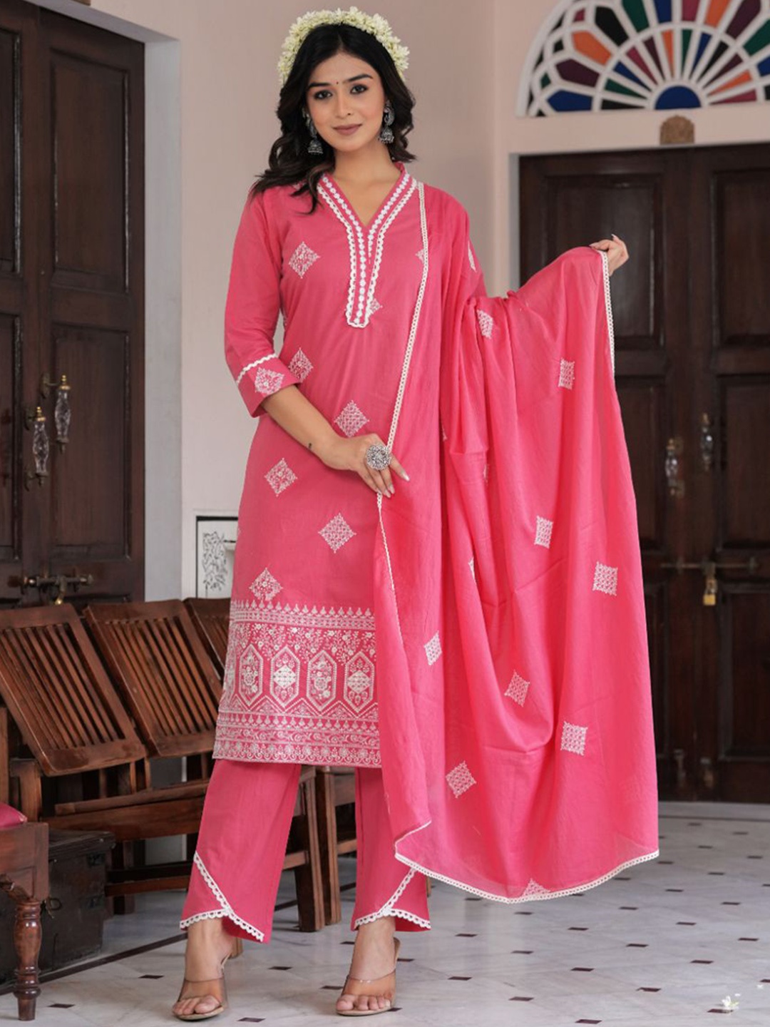 

KALINI Women Embroidered Gotta Patti Pure Cotton Kurta with Trousers & With Dupatta, Pink