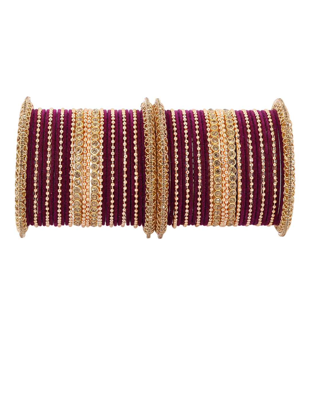 

Set of 46 Non-Precious Metal Base and studded with Zircon Gemstone or Zari Dotted Bangles, Red