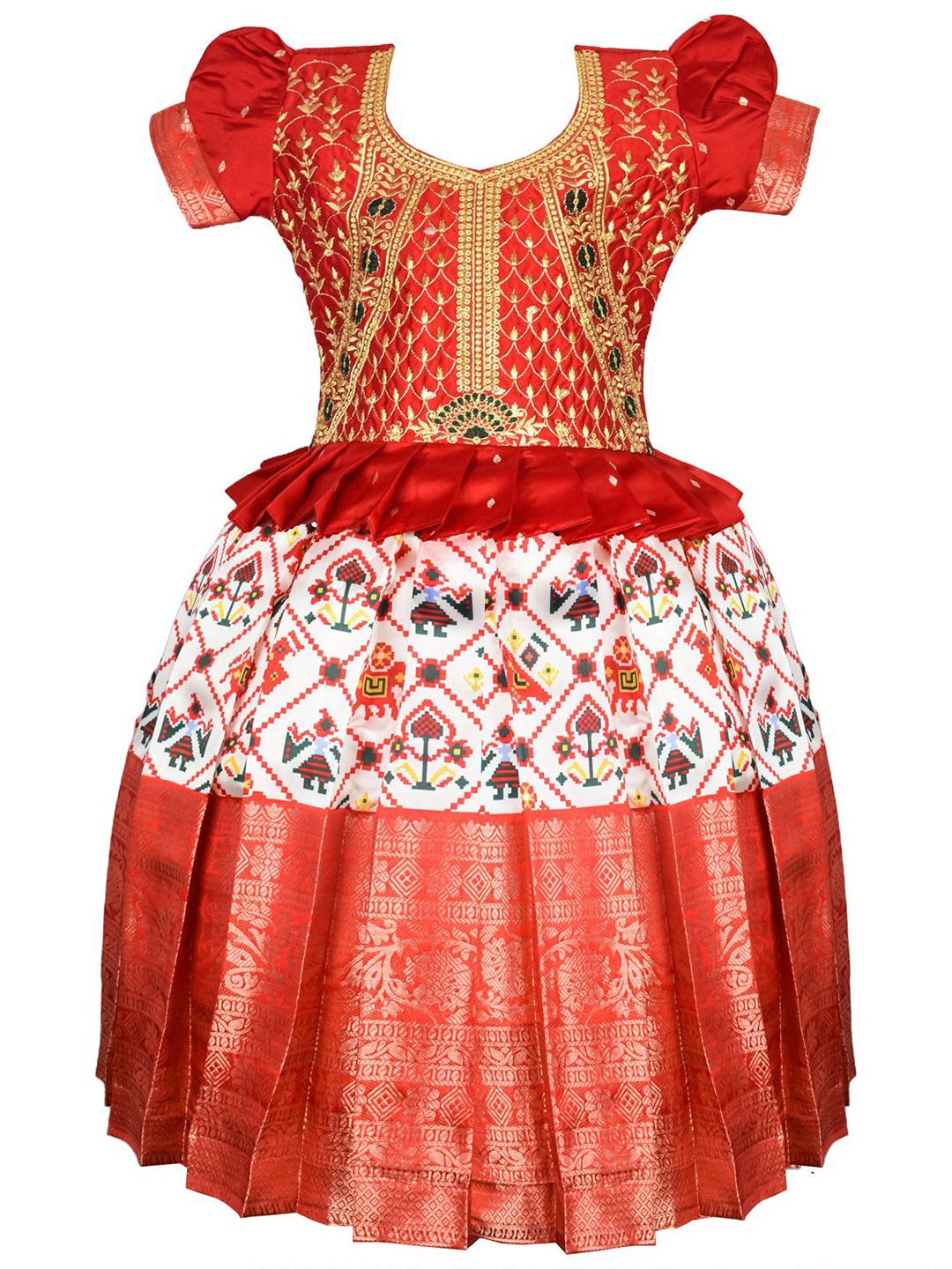 

AMIRTHA FASHION Girls Embroidered Kalamkari Ready to Wear Lehenga, Red