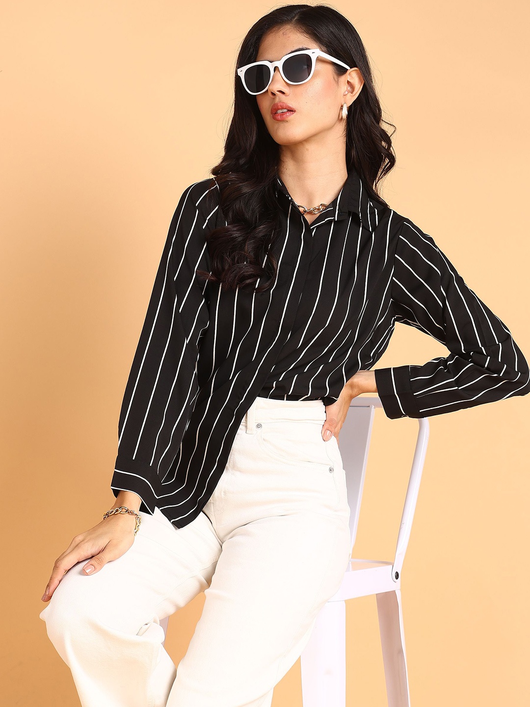 

DressBerry Women Spread Collar Vertical Striped Casual Shirt, Black