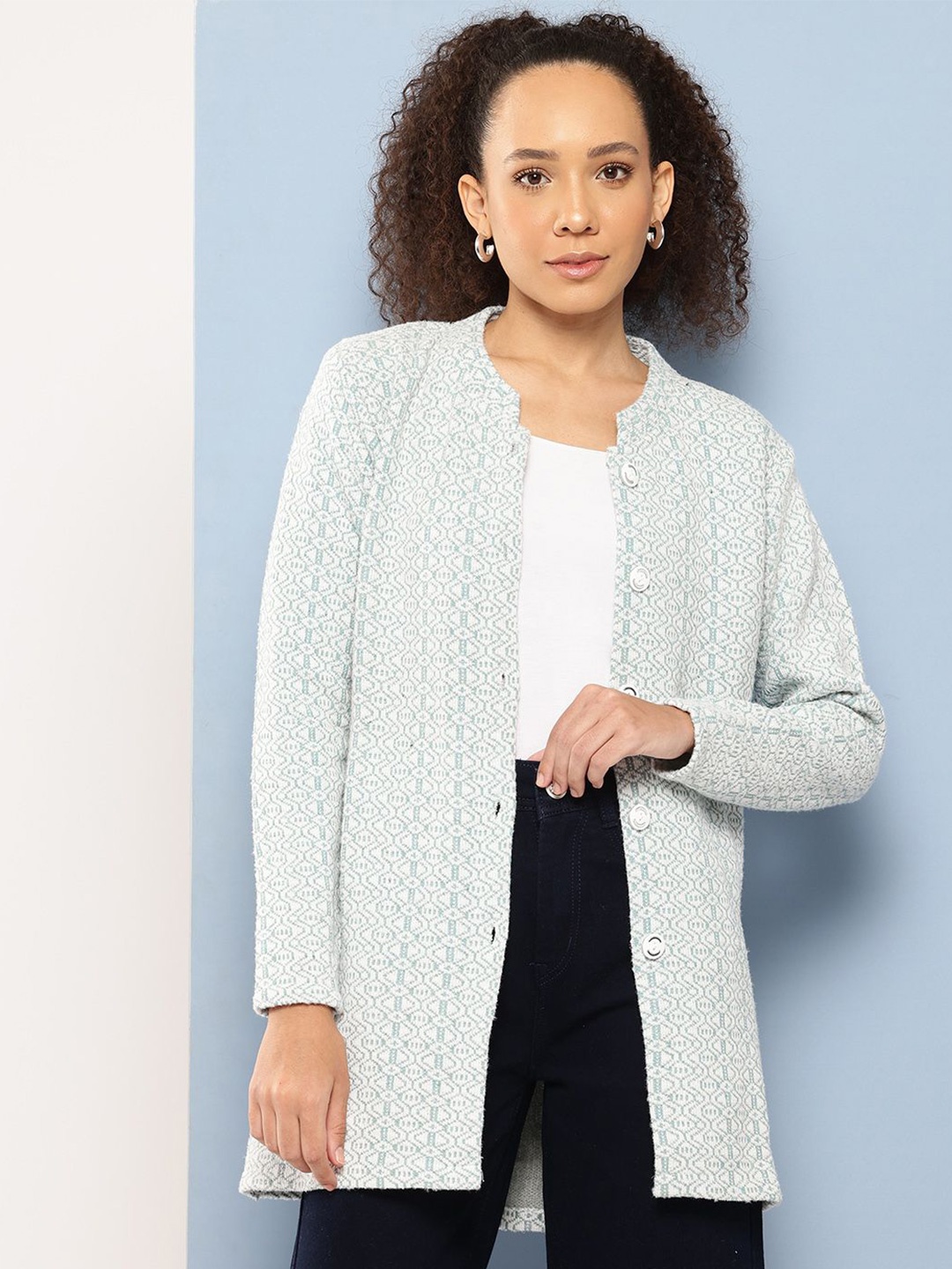 

BAESD Women Cotton Self Design Woollen Longline Cardigan, Sea green