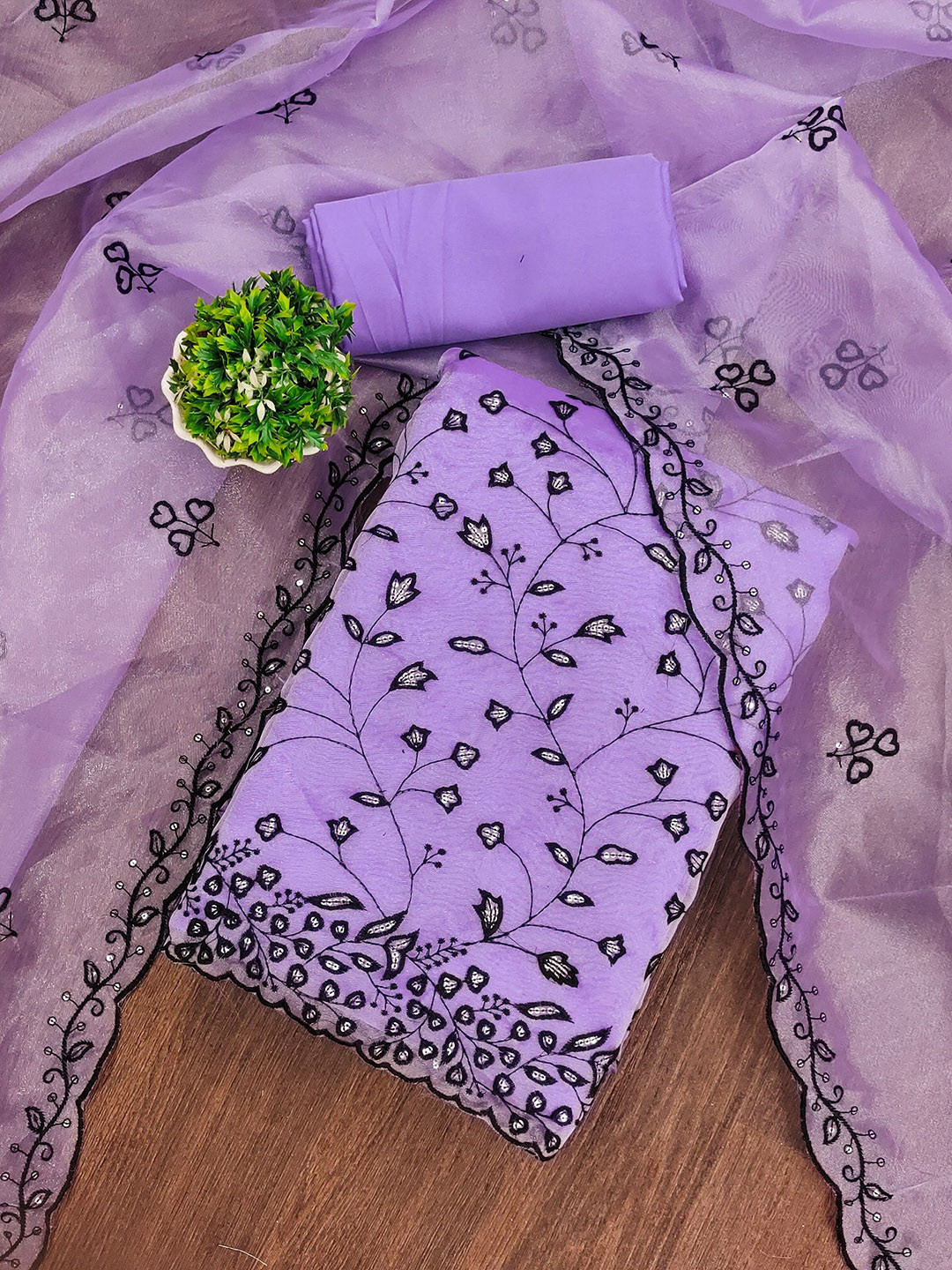 

JULEE Floral Embroidered Thread Work Organza Unstitched Dress Material, Lavender