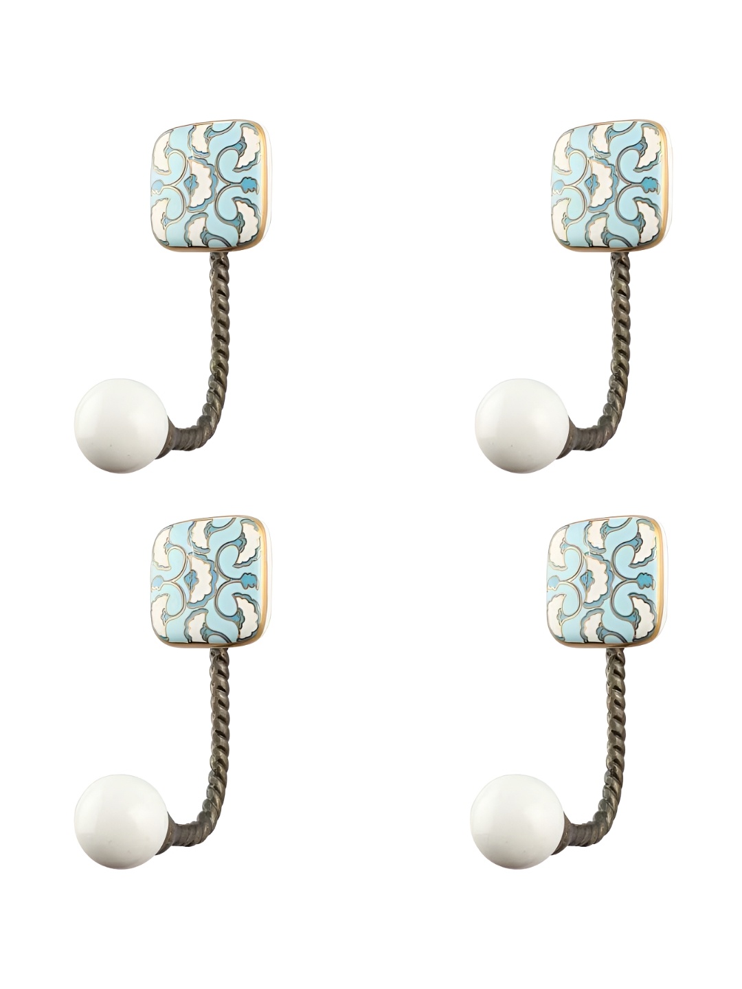 

IndianShelf Turquoise Blue & White 4 Pieces Ceramic Square Wall Hooks