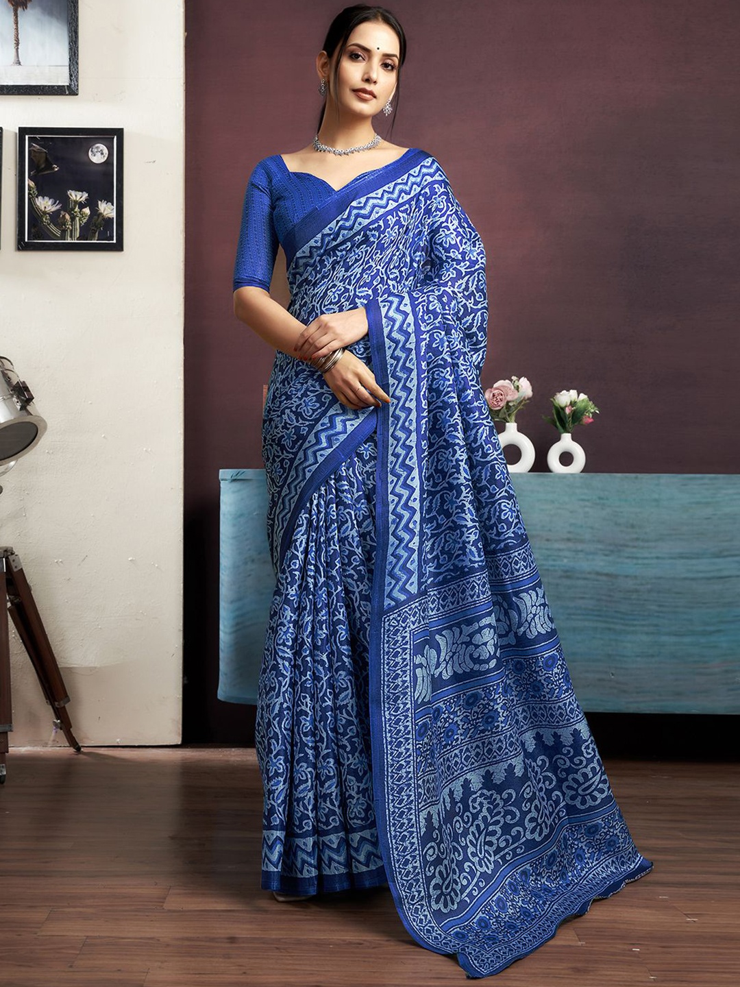 

KALINI Batik Printed Saree, Blue