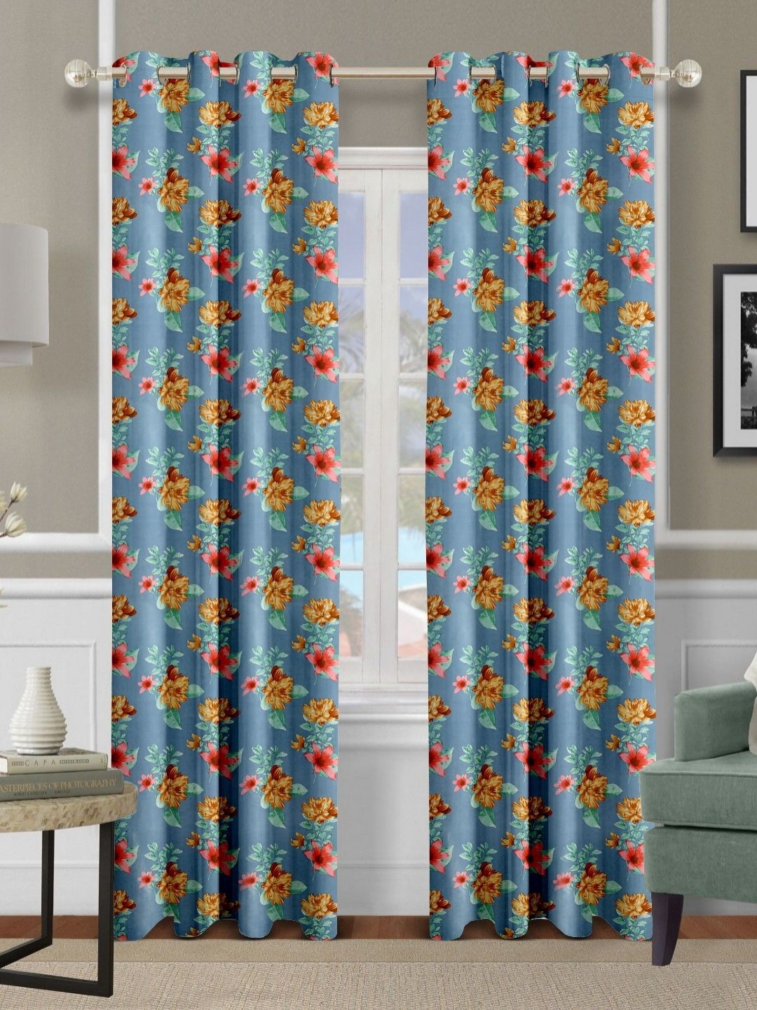 

Cortina Blue & Red 2 Pieces Floral Printed Emboss Long Door Curtains