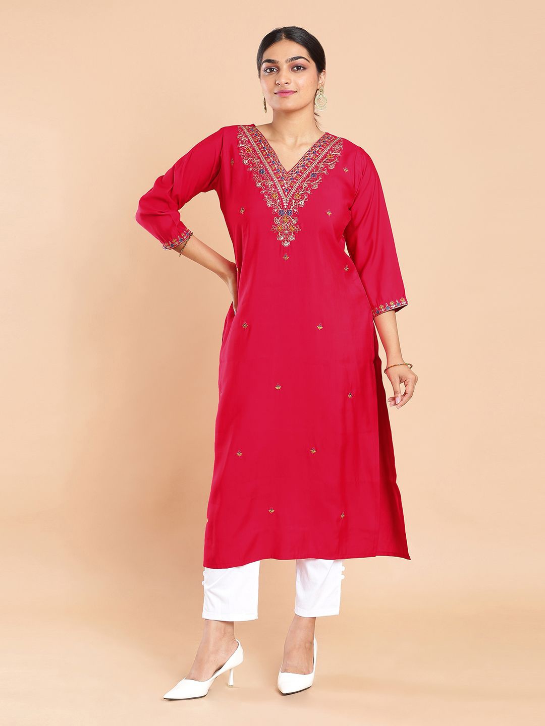 

Kalyan Silks Women Floral Embroidered Calf Length Kurtas, Red