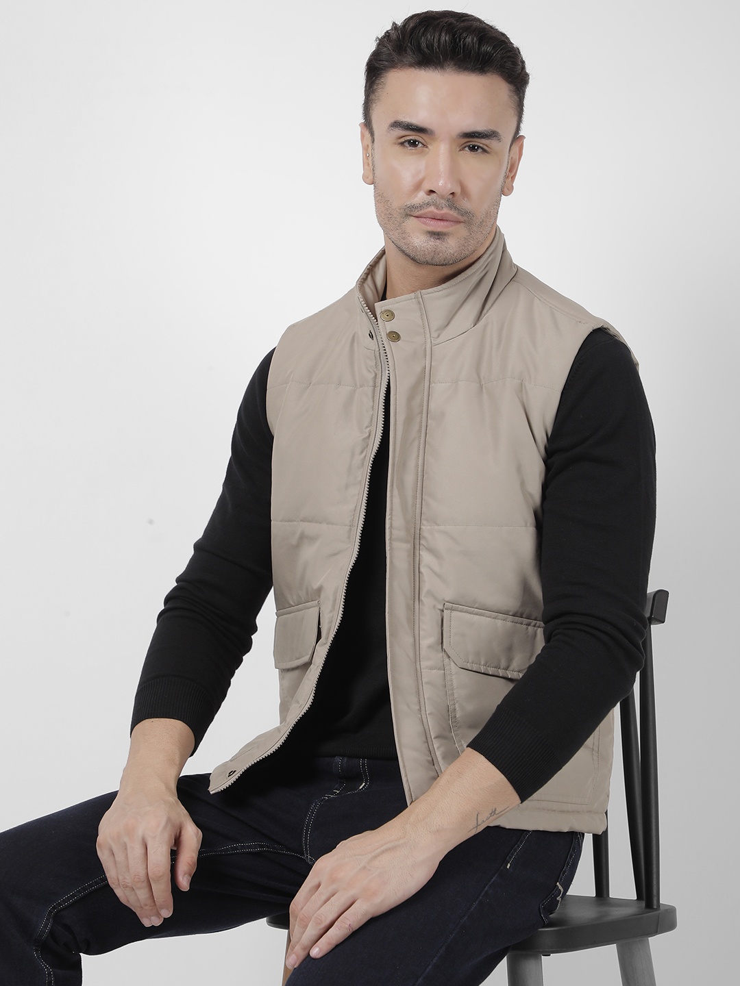 

Numero Uno Men Mock Collar Solid Casual Gilet Jacket, Beige