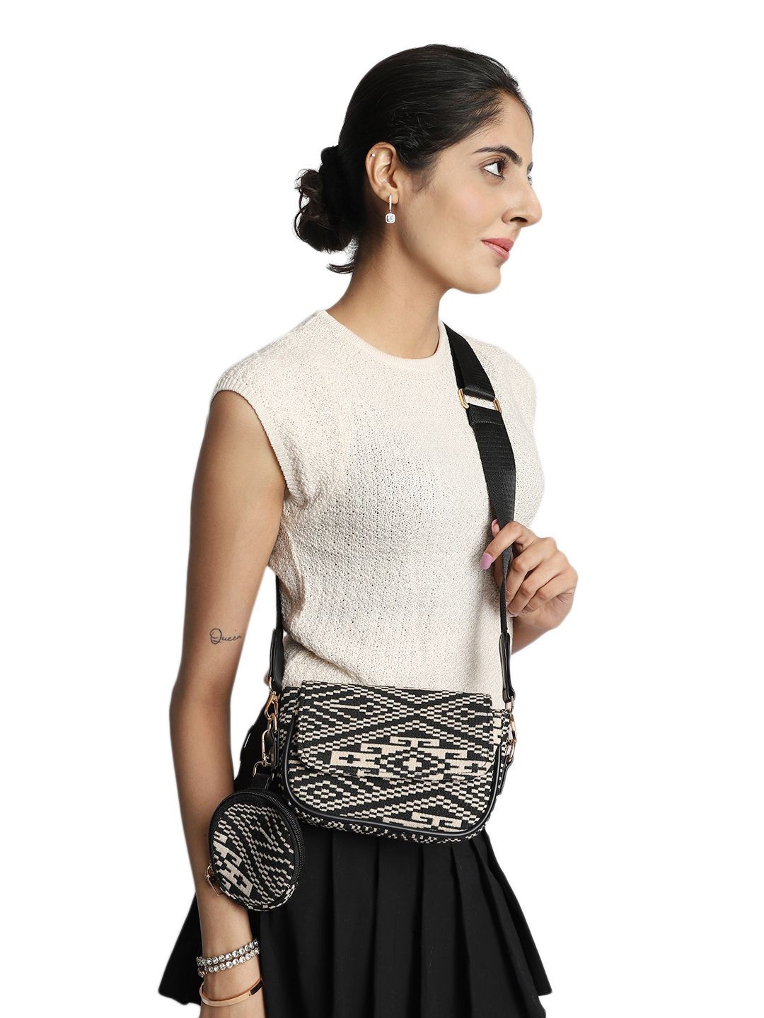 

MINI WESST Women Abstract Printed Structured Sling Bag With Pouch, Black