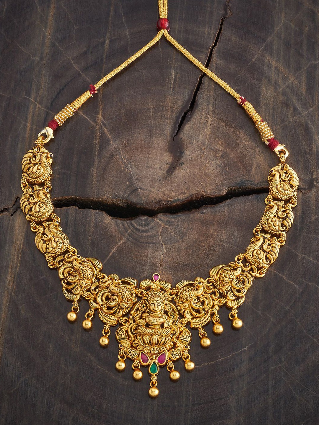 

Kushal's Fashion Jewellery 92.5 Pure Silver Gold-Plated Stone Studded Temple Necklace