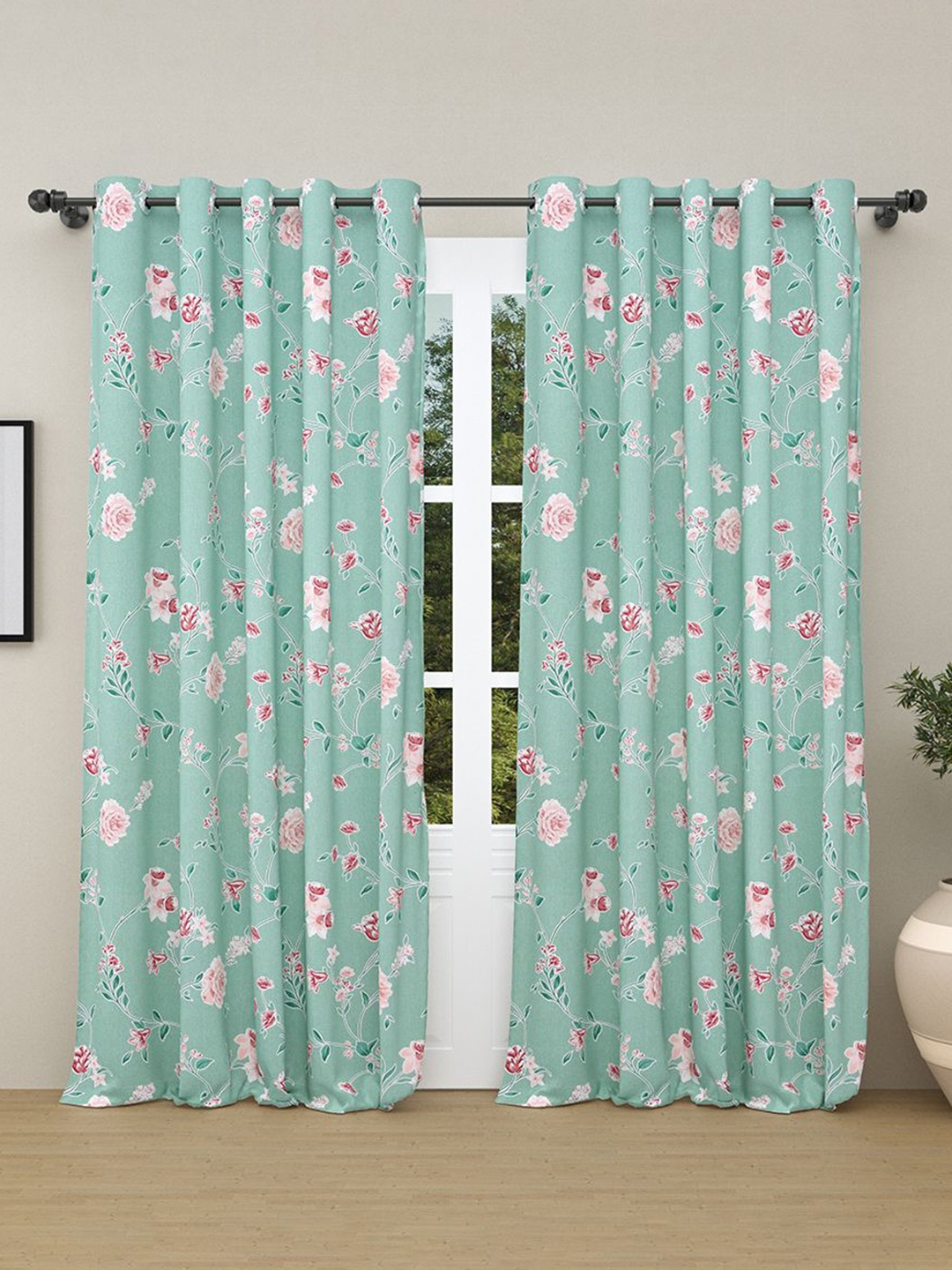 

haus & kinder Blue & White Set of 2 Floral Cotton Room Darkening Door Curtain