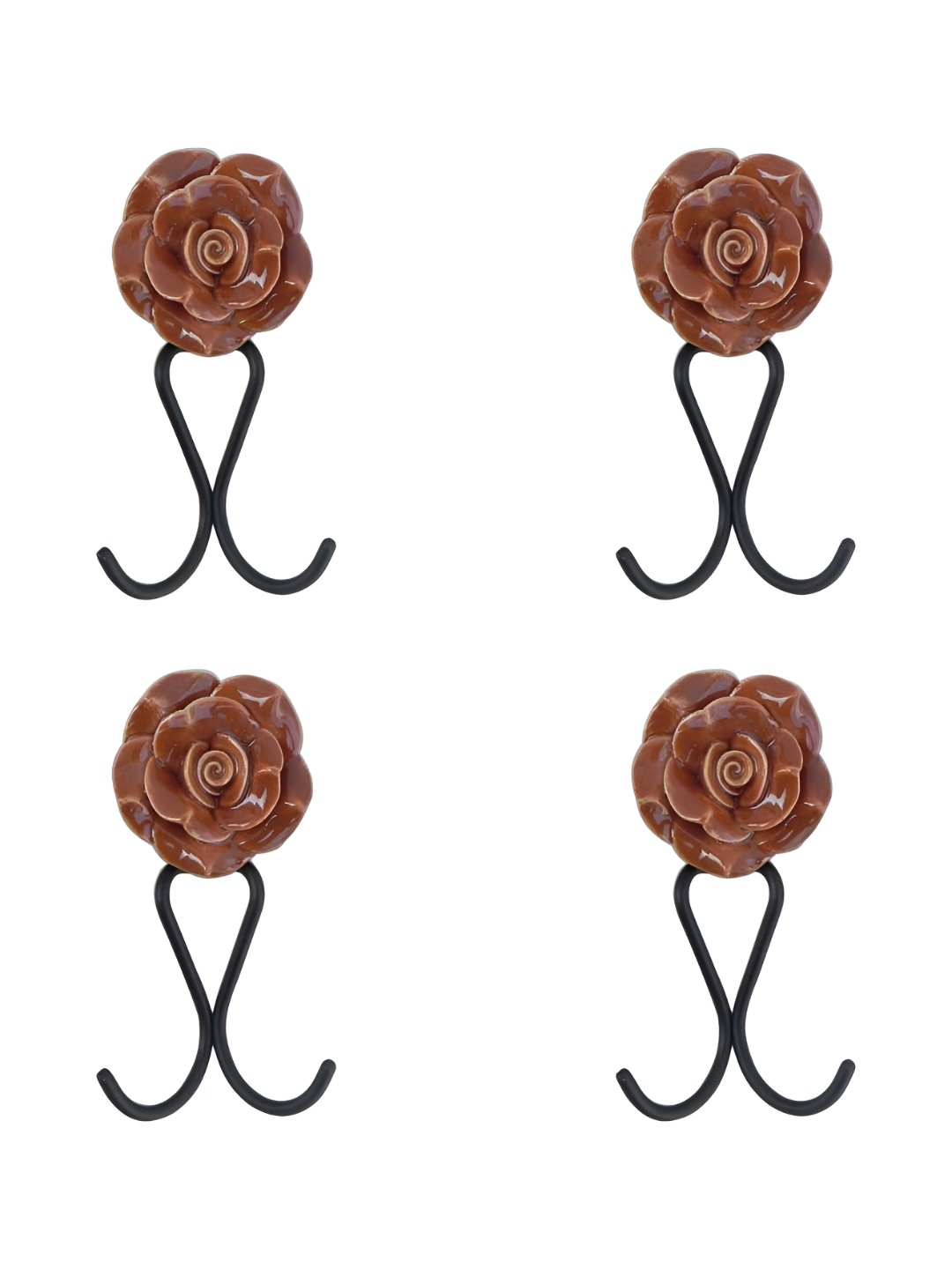 

IndianShelf Brown 4 Pieces Ceramic Floral Wall Hangers Hooks