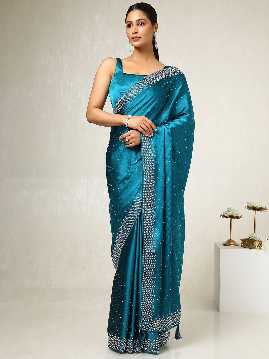 

Soch Embellished Beads and Stones Satin Saree, Teal