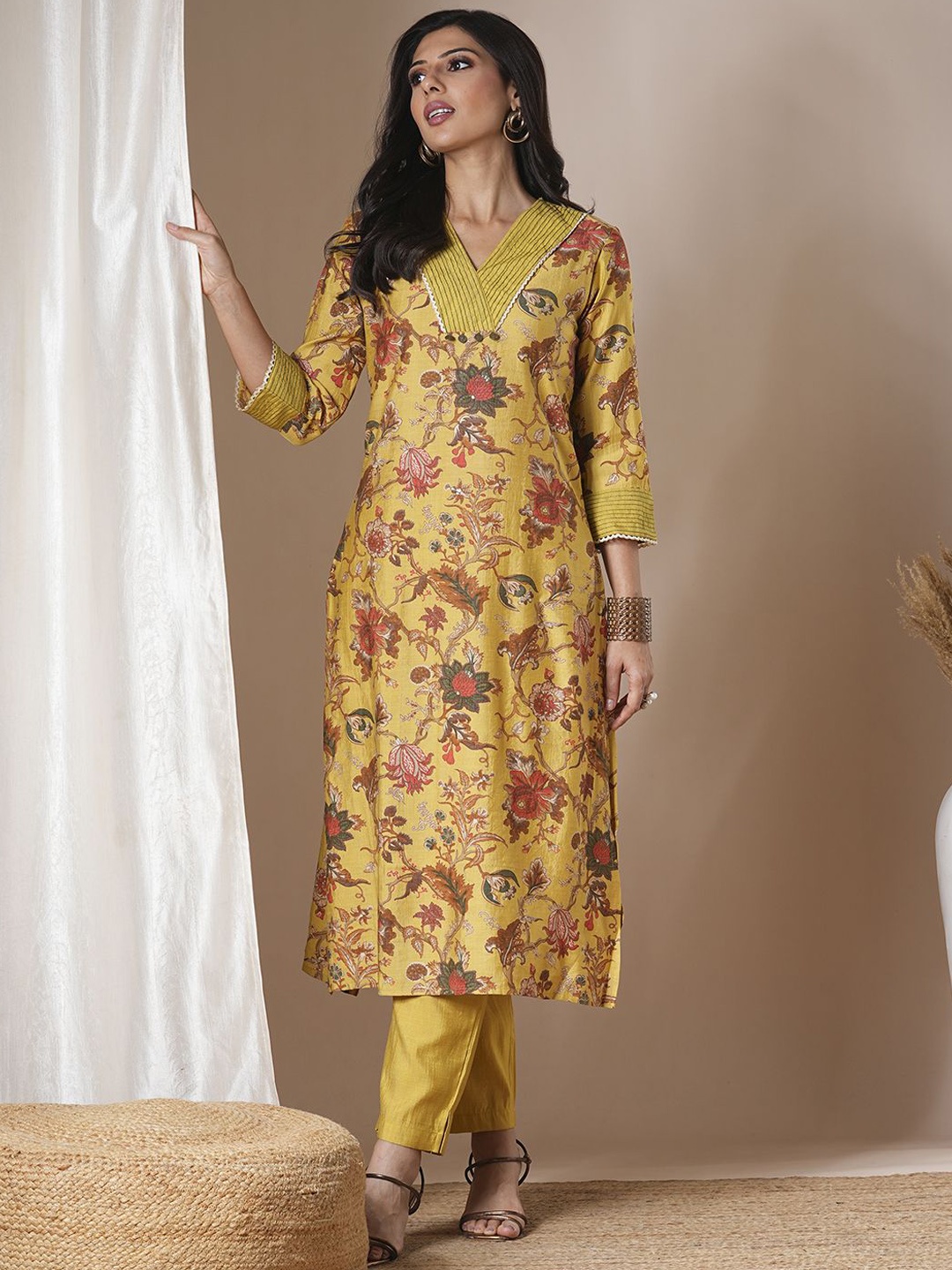 

FASHOR Floral Printed Kurta with Trouser, Yellow